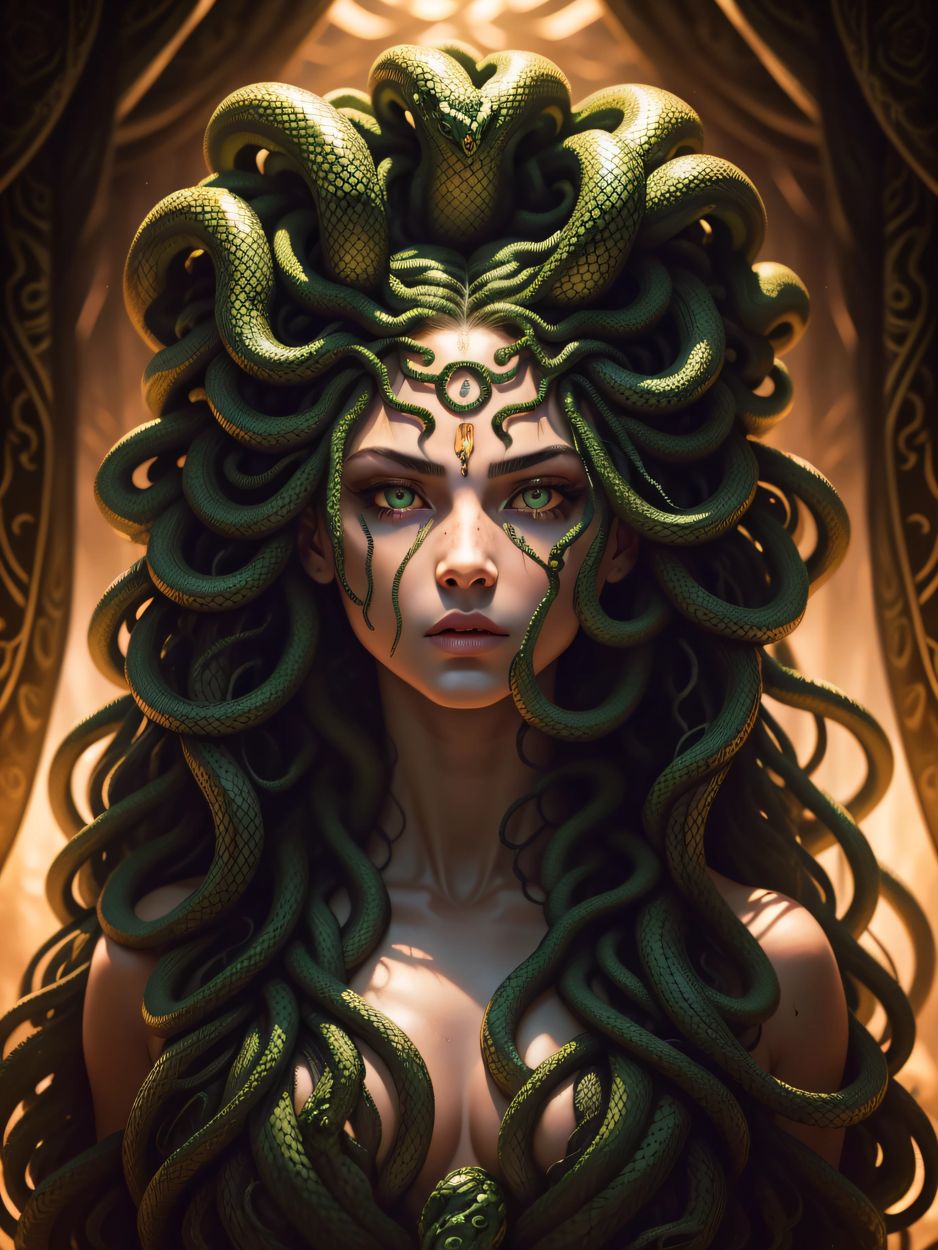 ((Medusa)), ((the hair is composed of countless small snakes)), ((upper body cover with snakes)), (green snake eyes), female face, hands on cheeks, high detailed face, high detailed eyes, 16k, RAW photo, best quality, masterpiece, high detail RAW color photo, dramatic lighting, cinematic lighting,