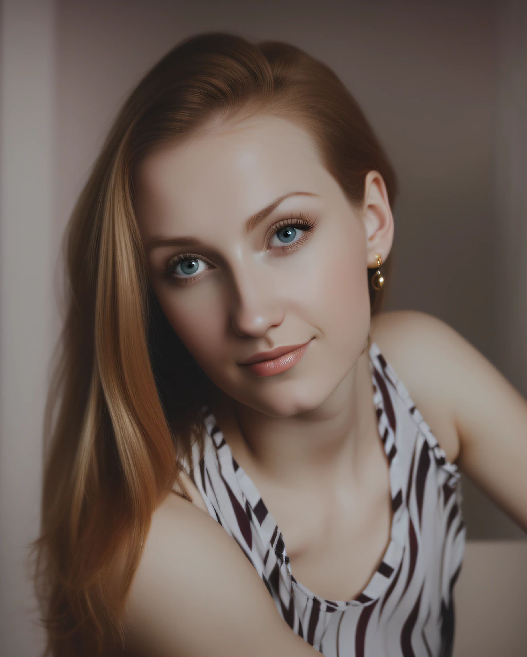 A Russian woman，Smooth blonde hair，striped tank top，Suit background