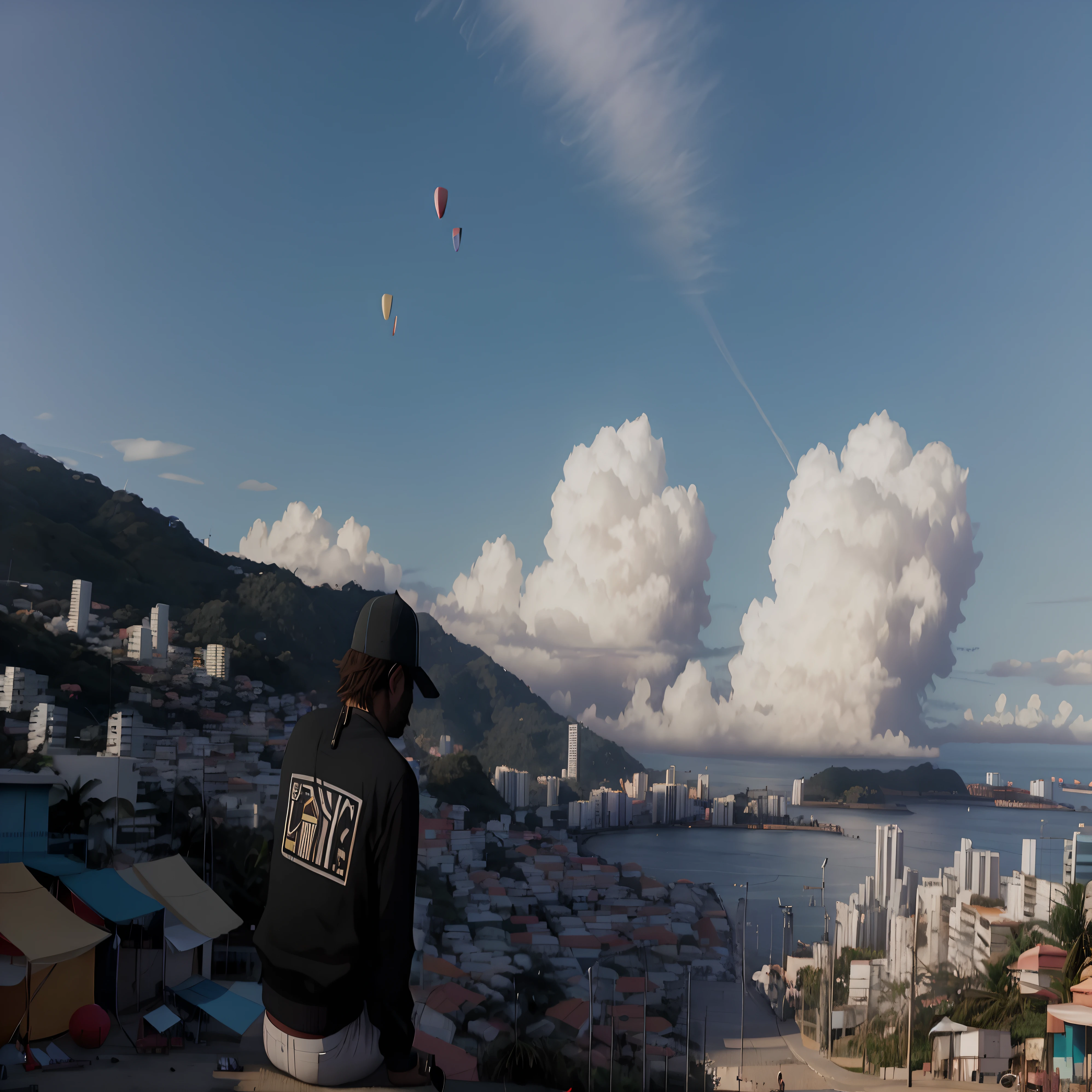 There is a man who is sitting with a notebook and pen, writing a plan and looking at the Ferris wheel of Balneário Camboriú. Captura de tela do videogame de 2020, Filmado por Cinematic, octan render. cinematic shot ar 9:16 -n 6 -g, detailed cinematic shot, realistic cinematic shot. octan render, Balneário Camboriú Santa Catarina in an anime film
