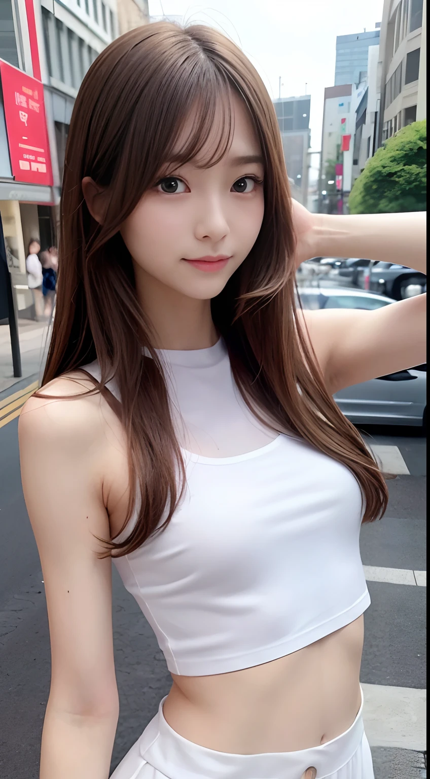 Highest quality、Ultra-high resolution、（Photorealsitic:1.4）、Beauty、Japanese Idol、21 years old、Very detailed eyes and face、Beautiful detailed eyes、Eyeliner、

High nose、Small Face、Natural light、Depth of written boundary、Blurred Background、High resolution、8K Wallpaper、Fine details、Highly detailed 8k wallpaper、Long Hair、Light Brown Hair、Neat wavy hairstyle、

Small breasts、Very small breasts、Realistic eyes、Thin narrow eyes、Beautiful Eyes、

smile、Crop top、Wearing a light shirt、mini skirt、In the city、

slender、slender、Slender body line、Selfie