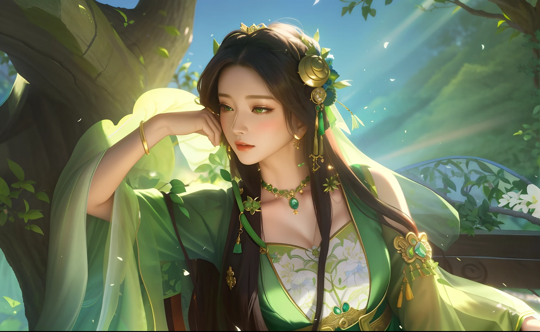 oriental girl,Works of masters,It is engaging and beautifully composed,Her figure is curvy,Enough to be a masterpiece。The painting is undoubtedly super detailed,Her figure is curvy,Best picture quality,Higher quality,high detal, 超高分辨率, 8K resolution, depth of fields, cinematic photogtaphy, intricately details, carefully, meticuloso, glorious, max detail, extreme beautiful, (((1girll, 独奏))), A picture, tmasterpiece, (Best picture quality), Higher quality, high detal, 超高分辨率, ,Araki woman in green dress sitting in a tree, a beautiful fantasy empress, beautiful and elegant elf queen, beautiful fantasy maiden, by Yang J, Fantasy art style, beautiful fantasy art, ((a beautiful fantasy empress)), author:Chen Lin, Palace , A girl in Hanfu, very beautiful fantasy art, fey queen of the summer forest, Beautiful teenage girl,Close-up of a woman in a green dress sitting in a tree, a beautiful fantasy empress, ((a beautiful fantasy empress)), Beautiful character painting, Palace , A girl in Hanfu, beautiful fantasy maiden, by Yang J, Inspired by Lan Ying, Beautiful young wind spirit, Beautiful teenage girl, beautiful and elegant elf queen, Guviz