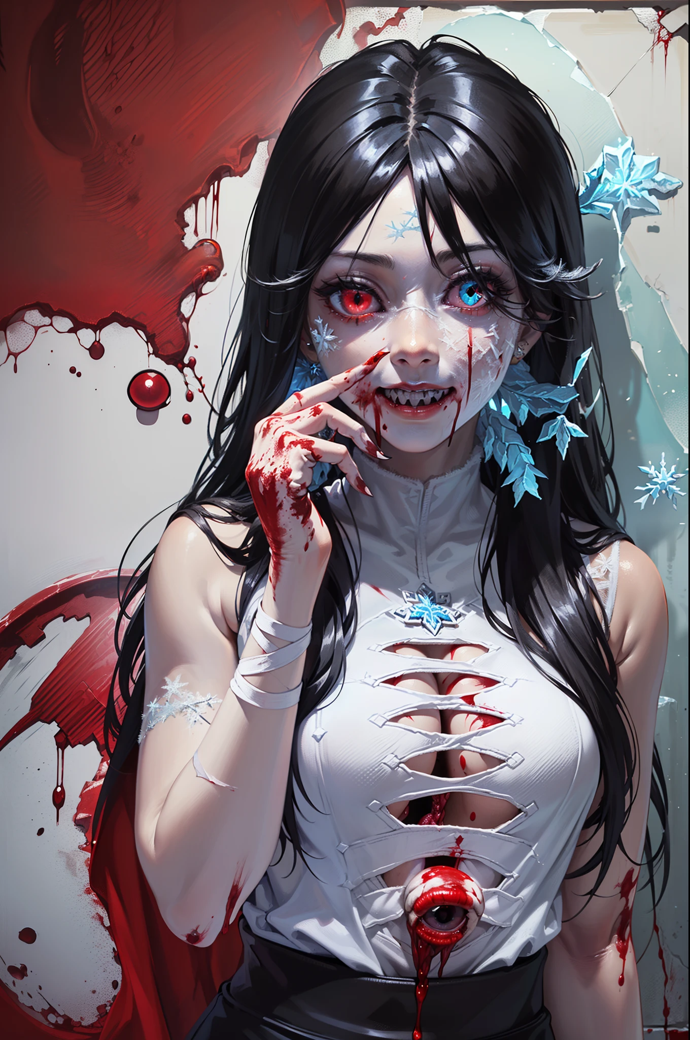 ((8k:1.4)), perfect, accurate, (high resolution:1.2), (high detail), high quality, (masterpiece:1.8), female, (dark skin:1.8) ((injury:1.2)), ((rusty_nails_in_skin)), (agony), (ice:1.2), ((mining uniform:1.2)), (messy long hair), ((black hair:1.6)), (red_sclera:1.2), ((bandaged hands)), (crazy_smile:1.2), (blood covering face:1.6), blood everywhere:1.2, (blood on clothing:1.2), (((gore:1.2))), (((viscera:1.2))), injured mouth, scars, (cuts_on_skin:1.2), blood on lips, ((anatomical accuracy:1.6)), wide open mouth, (body horror:1.2), (flesh clothing:1.2), (((frost:1.8))), ((encased in ice:1.4)), monstrous features:1.2), (frozen clothes:1.2), snow, skeleton, skull, (((four eyes:1.6))), (sharp teeth),