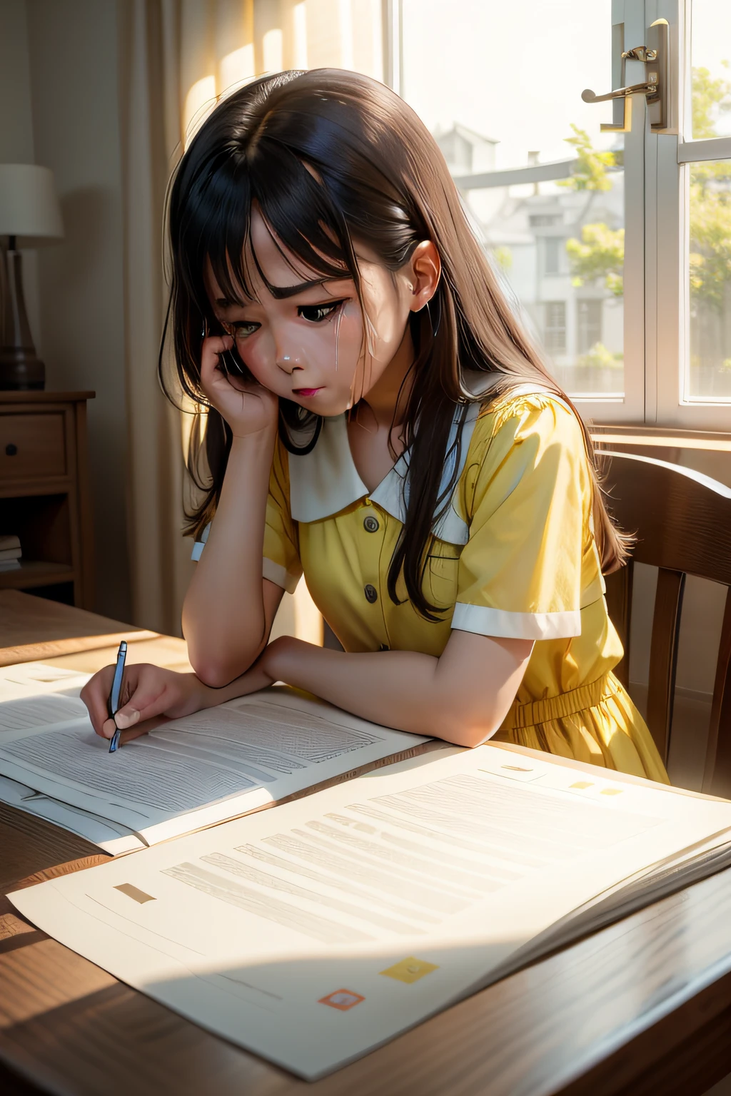 Bright yellow table lamps in the room,Pull the curtains,The daughter was in a bad mood,Her parents criticized her test scores,The daughter couldn't help but cry,Tears dripped down the test paper。