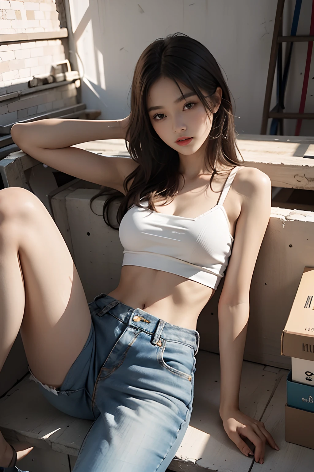 Girl in white bra and tight denim skirt posing for photo, full body, legs spread, with cut T-shirt, bra, slim body, smaller bust, slim girl model, 24-year-old female model, lying on the construction site, a group of black men onlooking