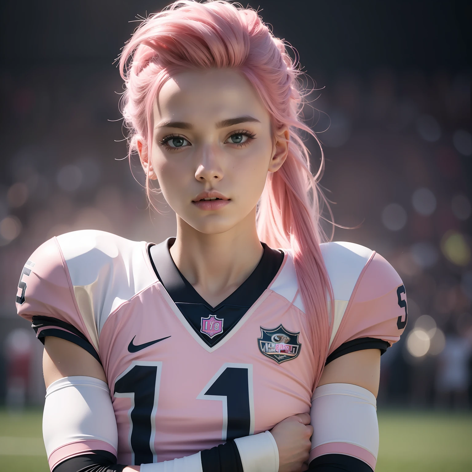 Masterpiece, superlative, realistic, wearing trendy football uniform, pink hair HD, photography lighting, 16k