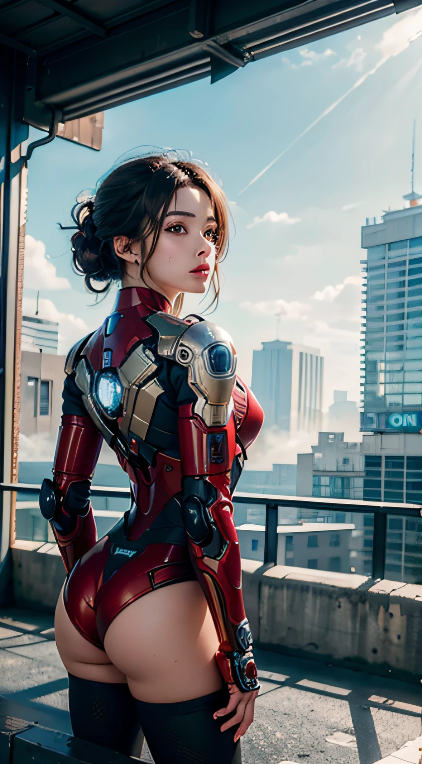 (1girl:1.3), solo,__body-parts__, official art, unity 8k wallpaper, ultra detailed, beautiful and aesthetic, beautiful, masterpiece, best quality, RAW, masterpiece, super fine photo,, best quality, super high Resolution, photorealistic, sunlight, full body portrait, stunningly beautiful,, dynamic pose, delicate face, vibrant eyes, (side view), she is wearing a futuristic Iron Man mech, red and gold, Highly detailed abandoned warehouse background, detailed face, detailed complex busy background, messy, gorgeous, milky, high detailed skin, realistic skin details, visible pores, sharp focus, volumetric fog, 8k uhd, dslr camera, High quality, film grain, fair skin, photorealism, lomography, sprawling metropolis in a futuristic dystopia, view from below, translucent
