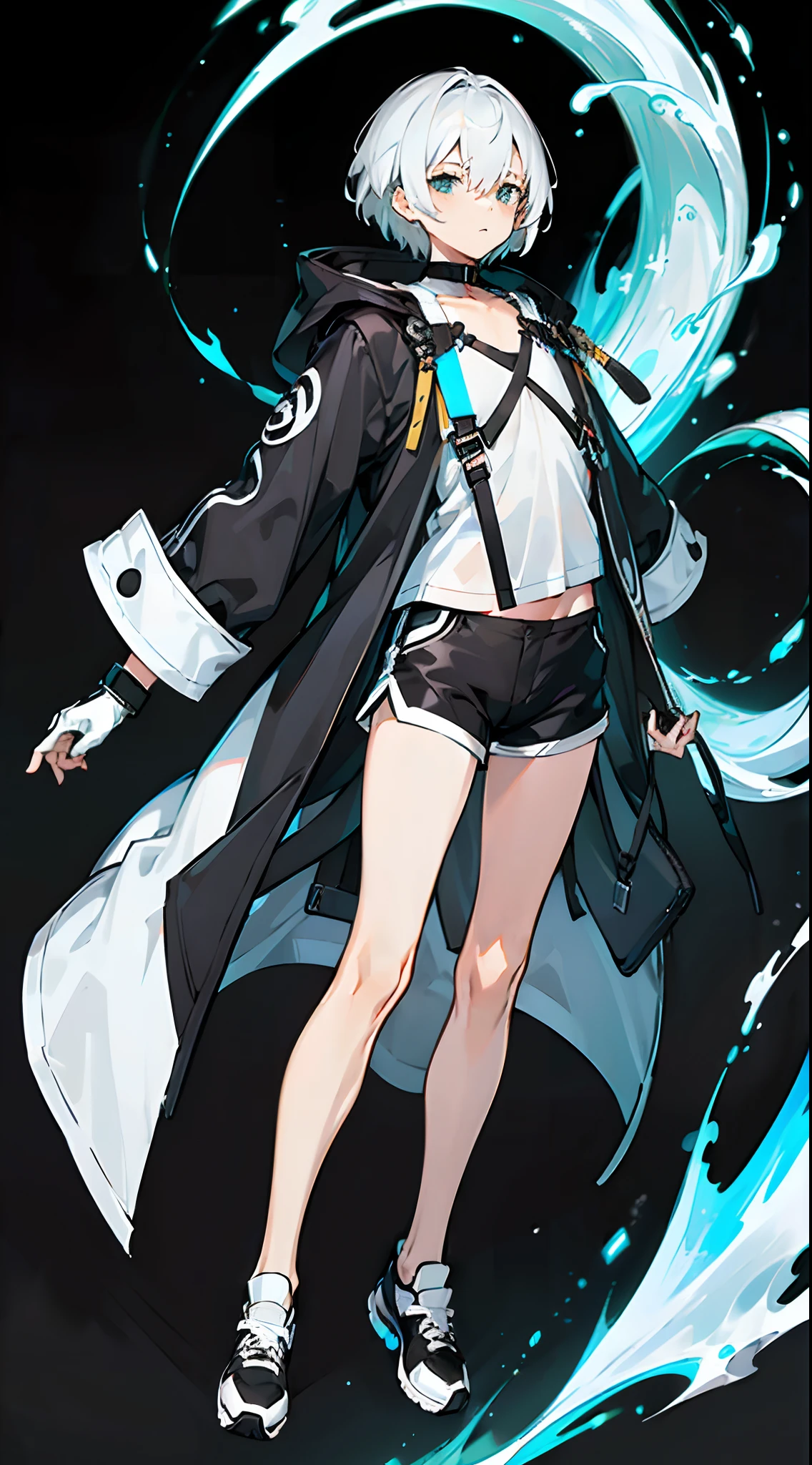 Masterpiece, Best quality, Solo,Boy, White hair,Short hair, (White shirt:1.4),(Black shorts:1.5), blackfootwear, full bodyesbian, shirt, Shorts, Coat, Open coat, view the viewer, Hood, Sneakers, Open clothes, Black coat, (Flat chest:1.7), No breasts,Long sleeves, bangs, Fingerless gloves, Short hair, hair between eye,(Pure black background:1.4),Stand reasonably erect, your arms hanging naturally