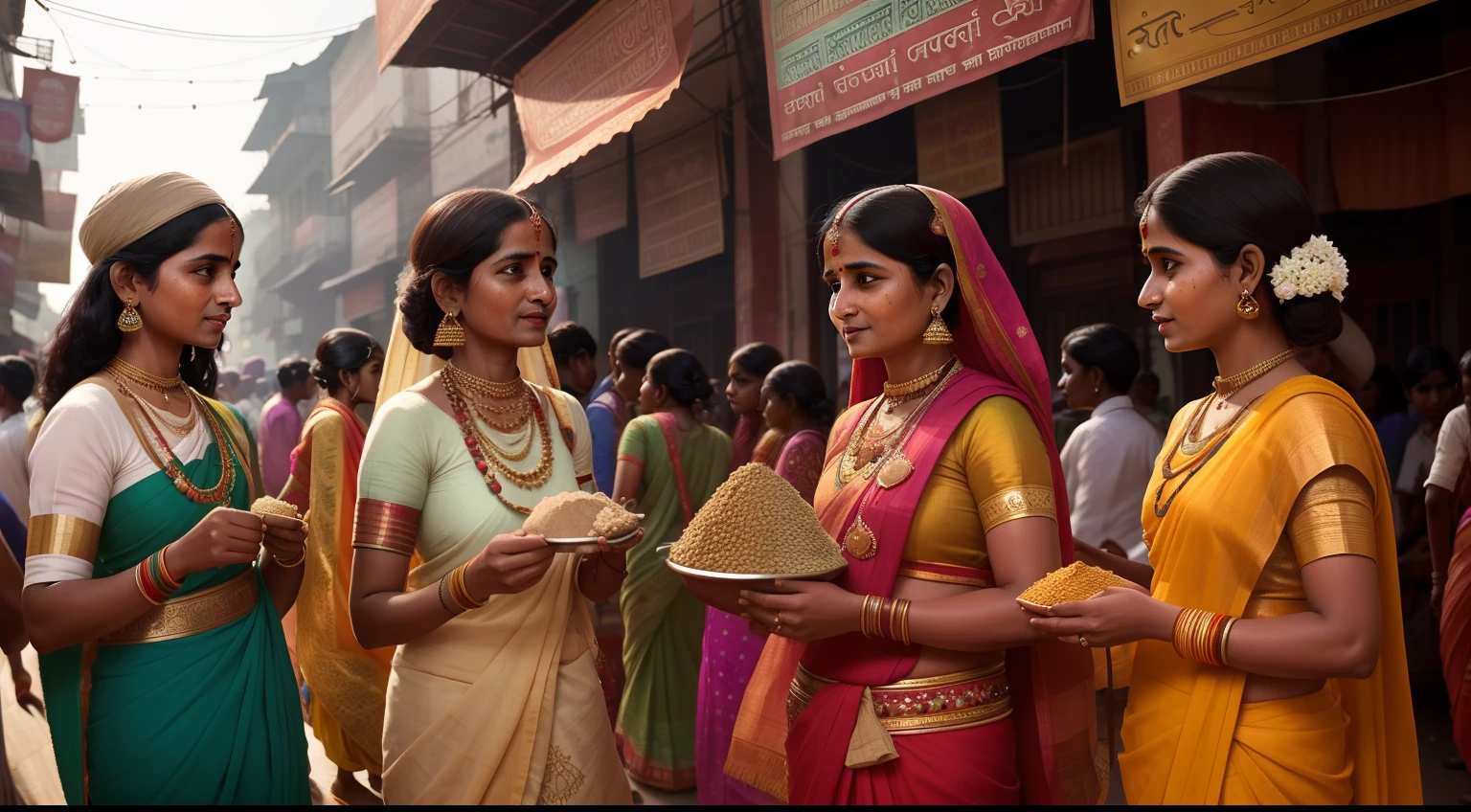 1915
India.
 In a bustling market in Kolkata, a group of young women gather. Their attire reflects the diverse cultural regions of India - sarees of vibrant colors, intricate jewelry, and head coverings. The women are haggling over prices of spices and fabrics, their expressions a mix of determination and camaraderie.