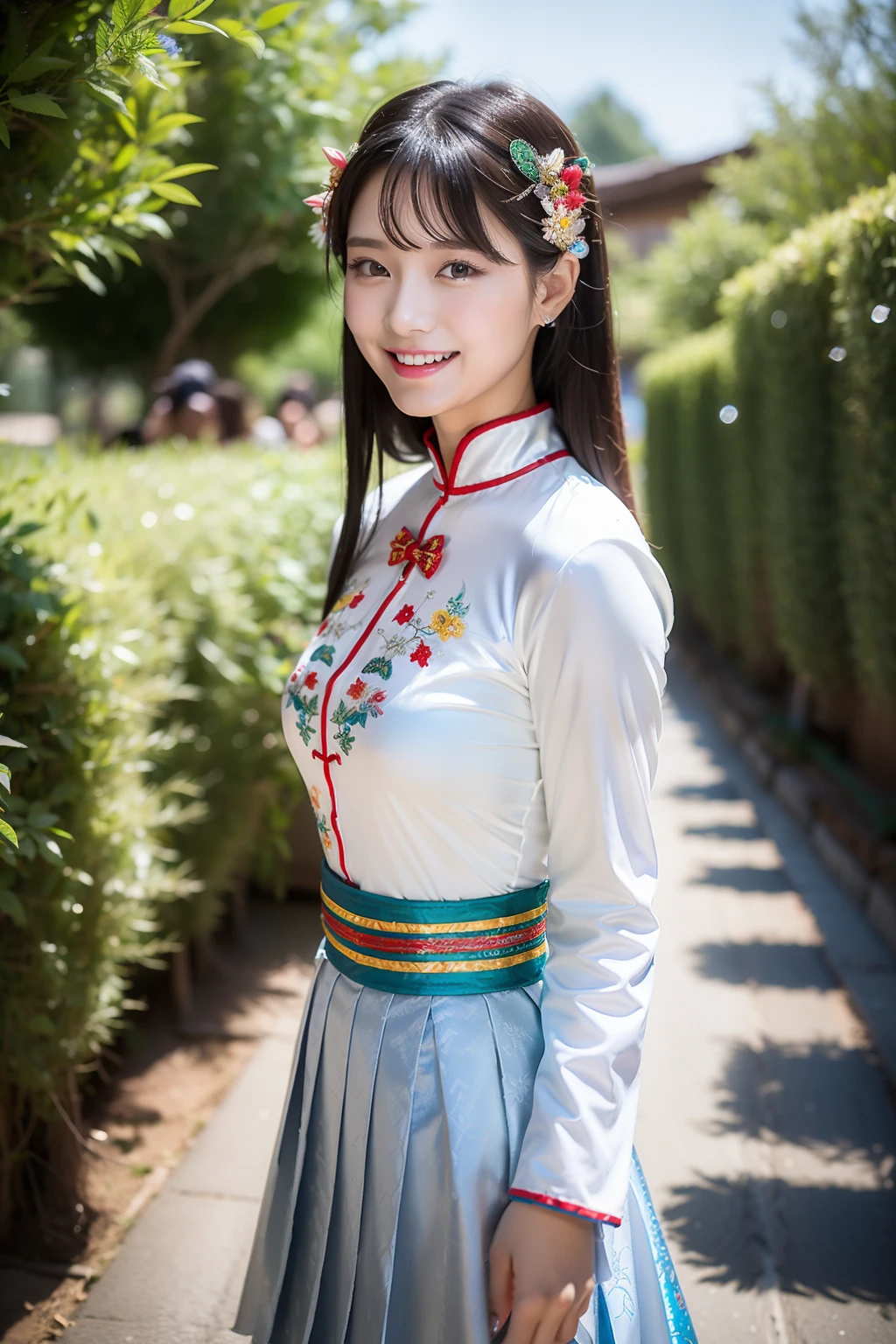 (8K分辨率,Vista full body photo),(1womanl,20yr old,(Facial features of Thai Aom:1.8,s delicate face),Lovely face,com rosto detalhado,详细的脸,Long black hair,Coiled(Messy has layers),Redlip,Fair smooth skin,(Traditional Hmong women's clothing:1.4,(Silvercoat,pleatedskirt,There is a waistband(silver ornaments、Miao embroidery、batik),breastsout、The back is trimmed with floral cloth,The cuffs are multi-colored horizontal bars,Cardigans,Silver flowers on the head。Wear short waist-length,Under the pleated skirt,Calves wrapped around flowers and feet,Wear water-patterned bow shoes。),Tall and tall,The action of conversation,perfect hand,Ultra-fine clothing material),(Traditional Xijiang Miao village,Festive party night background in cottage house,Exquisite environmental details),(exhilarated,confident smile,Rejoice),(profesional lighting,动态照明),((Colors are conflicting,(white colors,Silvertone,blue colors,red colour))),(Golden section,Cinema lenses,Hasselblad photograp,tmasterpiece:1.3),(Miaozhai idol,Focus in the field,trendsetting,Folklore artist,Art platform)