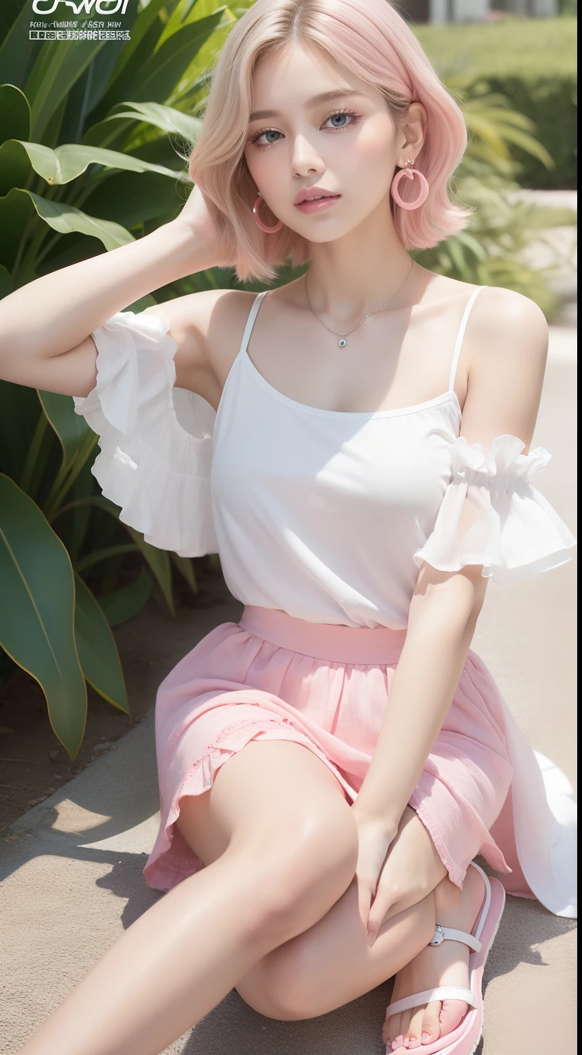 Japan Girl、12year old、Short hair、bobhair、Very cute、chubby figure、the chest is very large、Idol、Mid summer、Wearing a sexy camisole、Tight camisole、You can see the shape of the chest、Happy face、Sweating、Sexy mini skirt、Very short skirt、Image from directly below、Shooting from under your feet、showing the panty、Panties in full view、