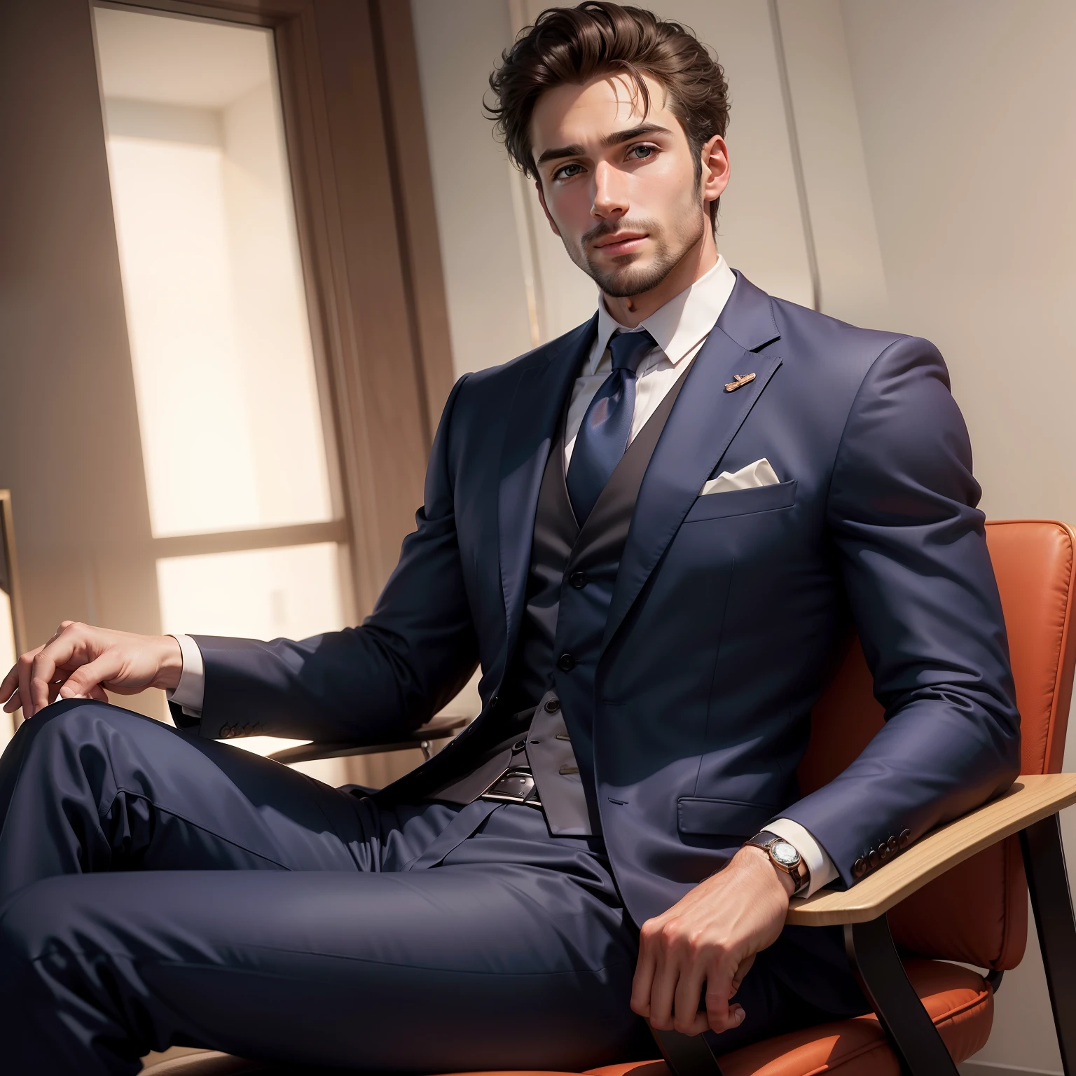 A 30-year-old handsome man, dressed in a suit that suggests a high salary, is sitting in a chair and speaking