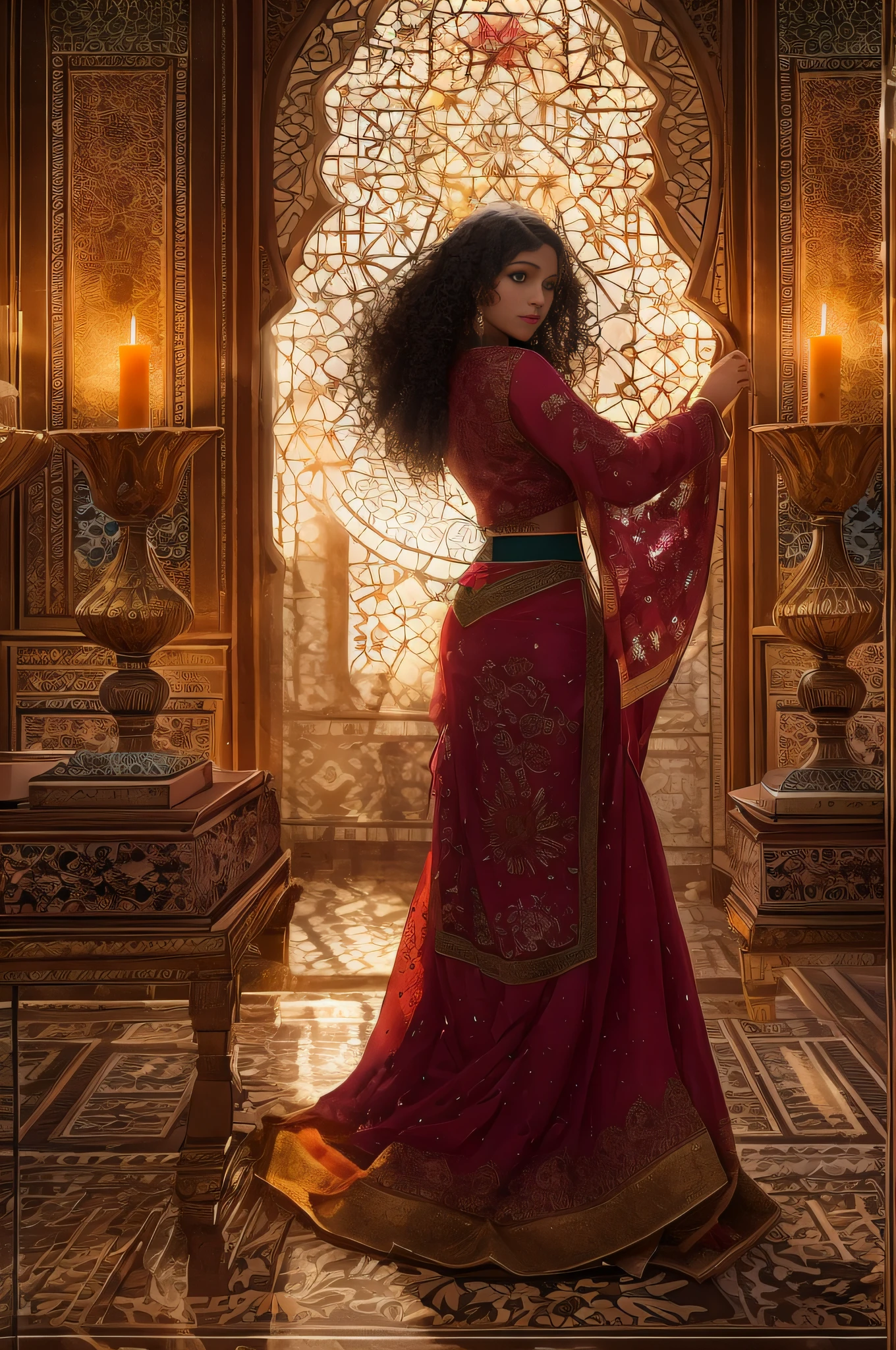 Hit a window in light rain, A dimly lit room appeared, Bask in the soft glow of countless candles. Their twinkling lights dance on ornate Moroccan tapestries and intricately carved wooden furniture, Create an old-world elegance and welcoming atmosphere.In the center of this room sat a woman,Her curls seem to capture the essence of the Saharan dunes。; wild, obstinate and unruly, and charming. Each curly captures the dim light in your arms, Show deep maroon as a sun-kissed russet.Her eyes, Lined with classic Cole, Has a fierce intelligence that goes well with her beauty, Reveal the depth and determination that can only be found in those who tenaciously pursue passion. As a lawyer, She saw the intricacies of justice, A dance of right and wrong, In this room, She found solace and strength.papers, Write in legal language, Unfold in front of her, But for now, She got lost