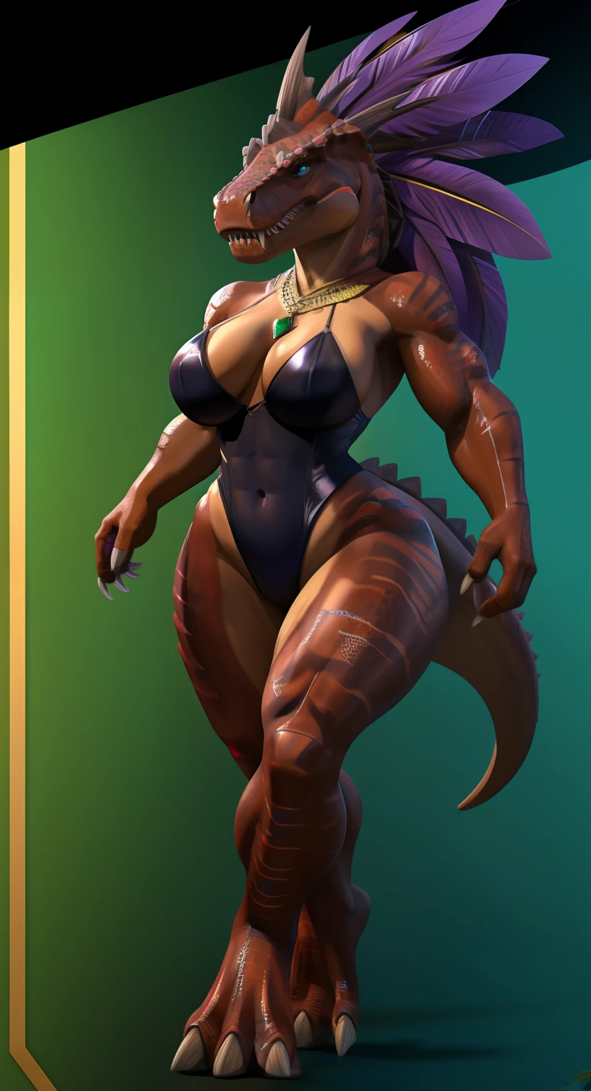 Anthropomorphic, furry, scaly, hybrid, woman, dinosaur, tyrannosaurus, black high cut leotard, black high leg leotard, sexy, curvy body, muscular body, thicc, claws, sharp teeth, fangs, tail, scales, hair, violet colored feather mane, fierce, busty, beautiful, lovely, savage, powerful, sexy legs, sexy hips, loving wife, giant, ruby red scales, emerald green scaled underside, violet stripes, confident, strong, blue eyes with slit pupils, long legs, seductive, loving, hourglass body, jewelry, fit body, short arms, fully scaled, big head, monstrous, beastly beauty, proud, close up, regal looking, dark skin, hard abs, bare feet, spikes, reptile, sensual, T-Rex, queen, transparent background, blank background, tail comming out of the spine,