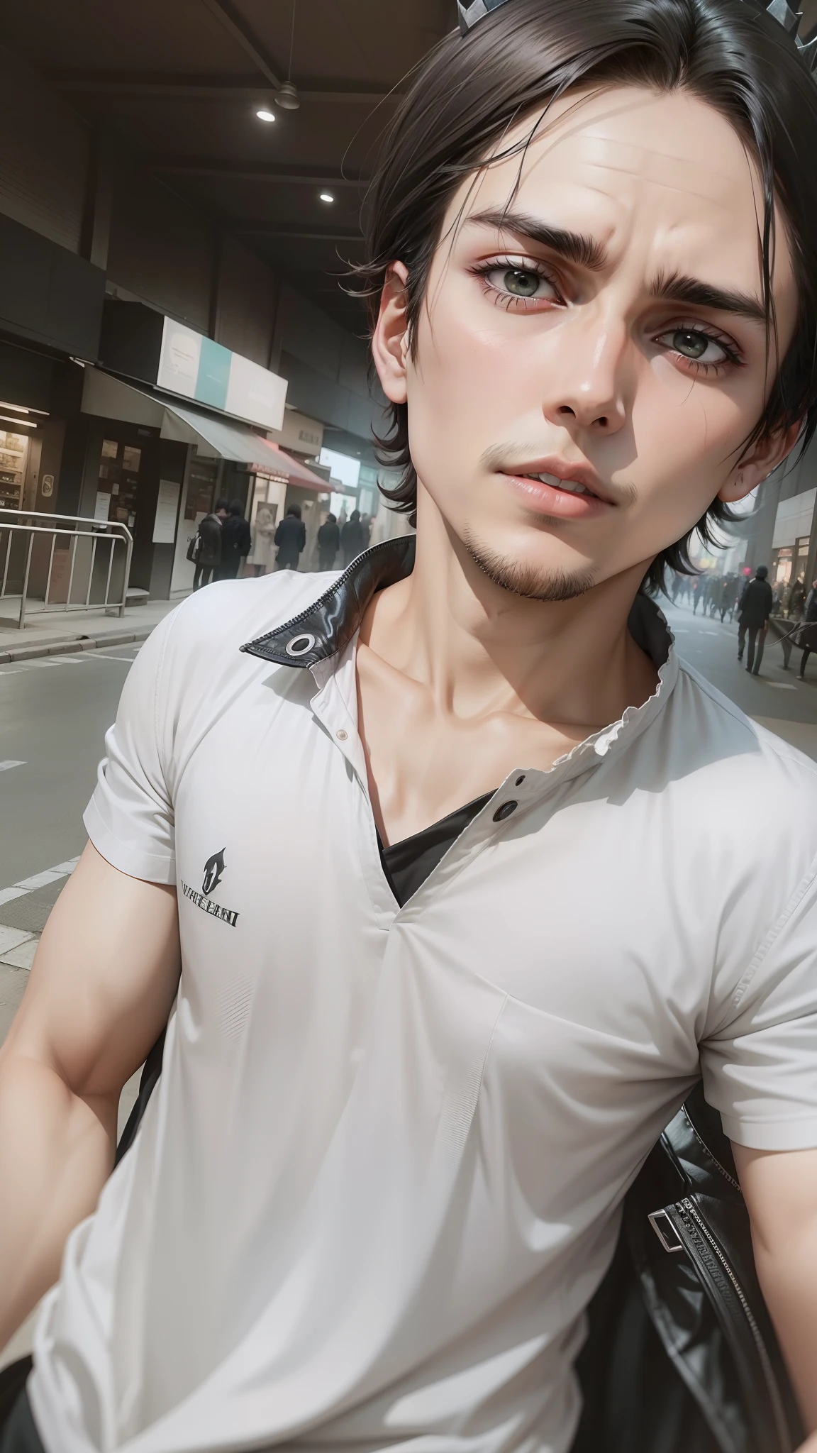Make this photo a photo of eren yeager,wear black jacket on head devil crown, change back ground and wear black jacket