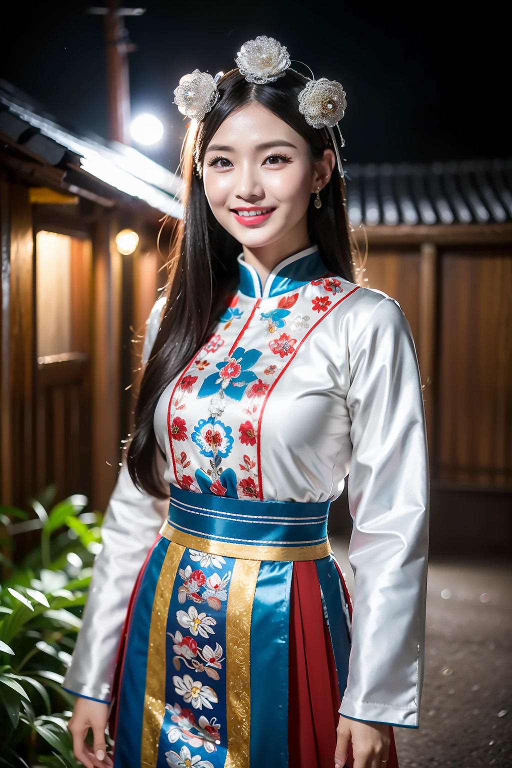 (8K分辨率,Vista full body photo),(1womanl,20yr old,(Facial features of Thai Aom:1.8,s delicate face),Lovely face,com rosto detalhado,详细的脸,Long black hair,Coiled(Messy has layers),Redlip,Fair smooth skin,(Traditional Hmong women's clothing:1.4,(Silvercoat,pleatedskirt,There is a waistband(silver ornaments、Miao embroidery、batik),breastsout、The back is trimmed with floral cloth,The cuffs are multi-colored horizontal bars,Cardigans,Silver flowers on the head。Wear short waist-length,Under the pleated skirt),Tall and tall,The action of conversation,perfect hand,Ultra-fine clothing material),(Traditional Xijiang Miao village,Festive party night background in cottage house,Exquisite environmental details),(exhilarated,confident smile,Rejoice),(profesional lighting,动态照明),((Colors are conflicting,(white colors,Silvertone,blue colors,red colour))),(Golden section,Cinema lenses,Hasselblad photograp,tmasterpiece:1.3),(Miaozhai idol,Focus in the field,trendsetting,Folklore artist,Art platform)
