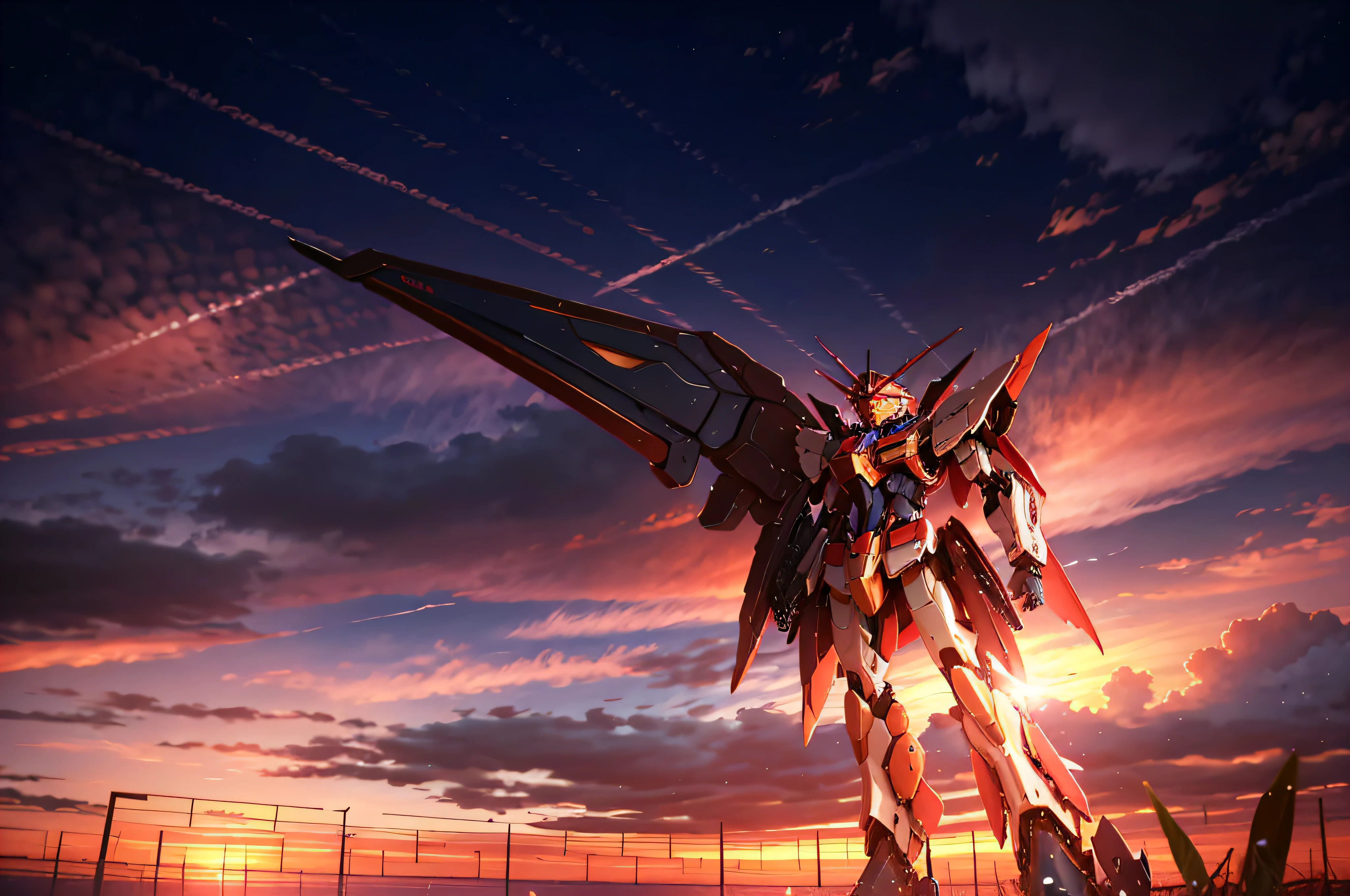The Gundam robot GN-001Gundam Exia flies slowly in the twilight。(Sunset clouds|dark stormy clouds)Dramatic sunset in the background。(darkly|The cloudy)Sunset prime time。