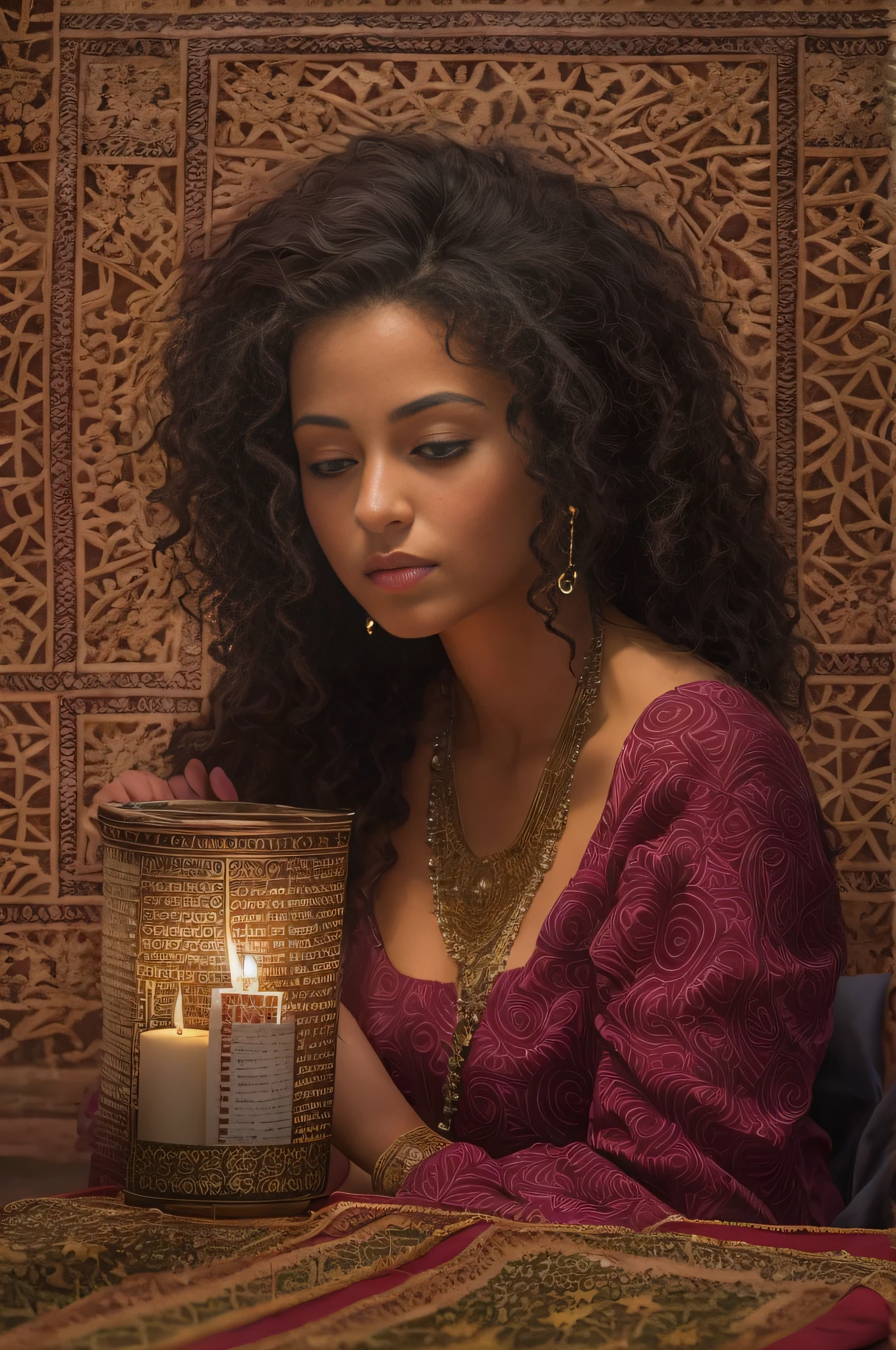 Hit a window in light rain, A dimly lit room appeared, Bask in the soft glow of countless candles. Their twinkling lights dance on ornate Moroccan tapestries and intricately carved wooden furniture, Create an old-world elegance and welcoming atmosphere.In the center of this room sat a woman，Her curls seem to capture the essence of the Saharan dunes。; wild, obstinate and unruly, and charming. Each curly captures the dim light in your arms, Show deep maroon as a sun-kissed russet.Her eyes, Lined with classic Cole, Has a fierce intelligence that goes well with her beauty, Reveal the depth and determination that can only be found in those who tenaciously pursue passion. As a lawyer, She saw the intricacies of justice, A dance of right and wrong, In this room, She found solace and strength.papers, Write in legal language, Unfold in front of her, But for now, She got lost