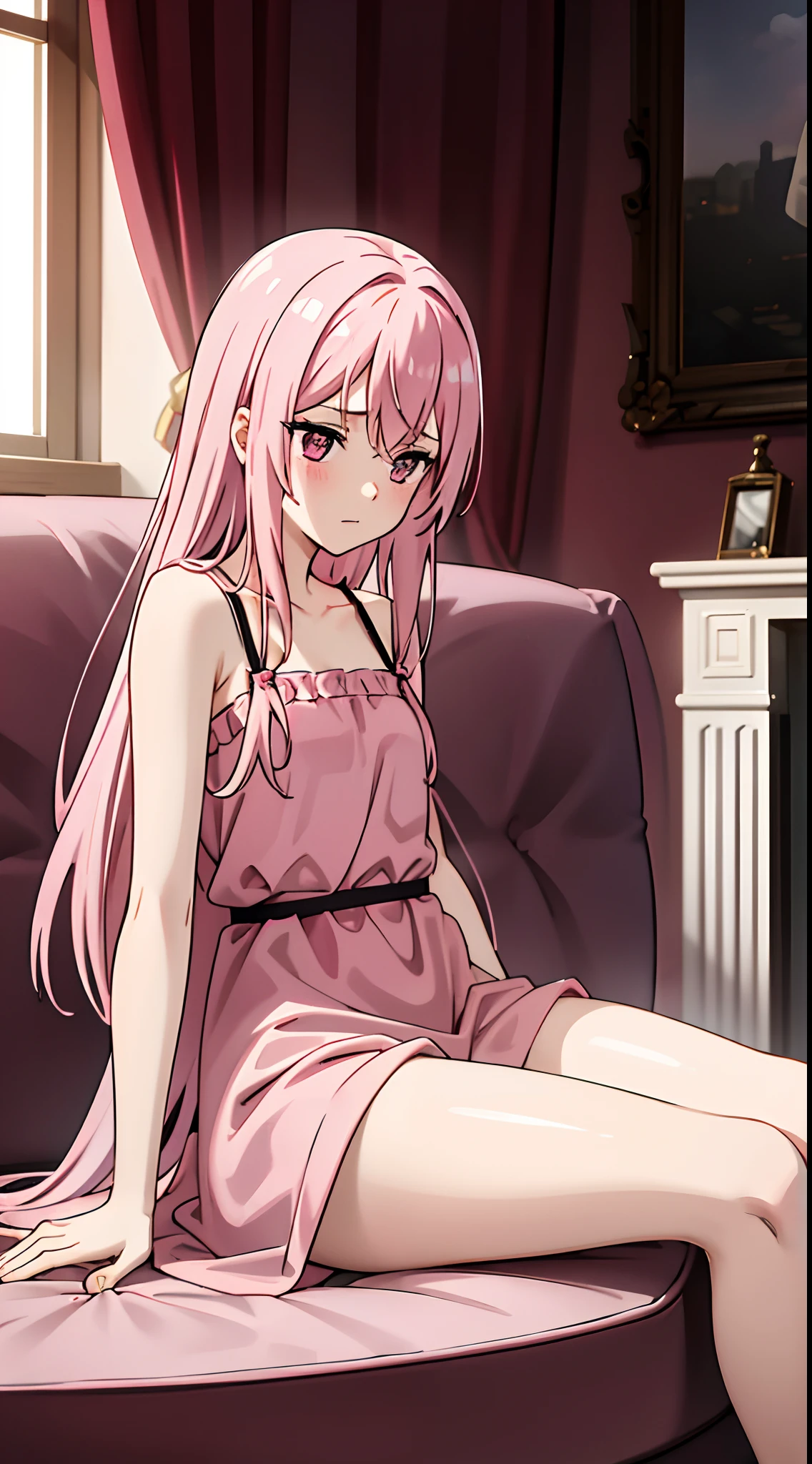 Pink hair,s girl,Wearing a long pink dress,Sit on a black sofa,one leg raised,Reach into your panties and scratch,White liquid flows out of panties,She seemed to be enjoying it very much,is shy,Be red in the face