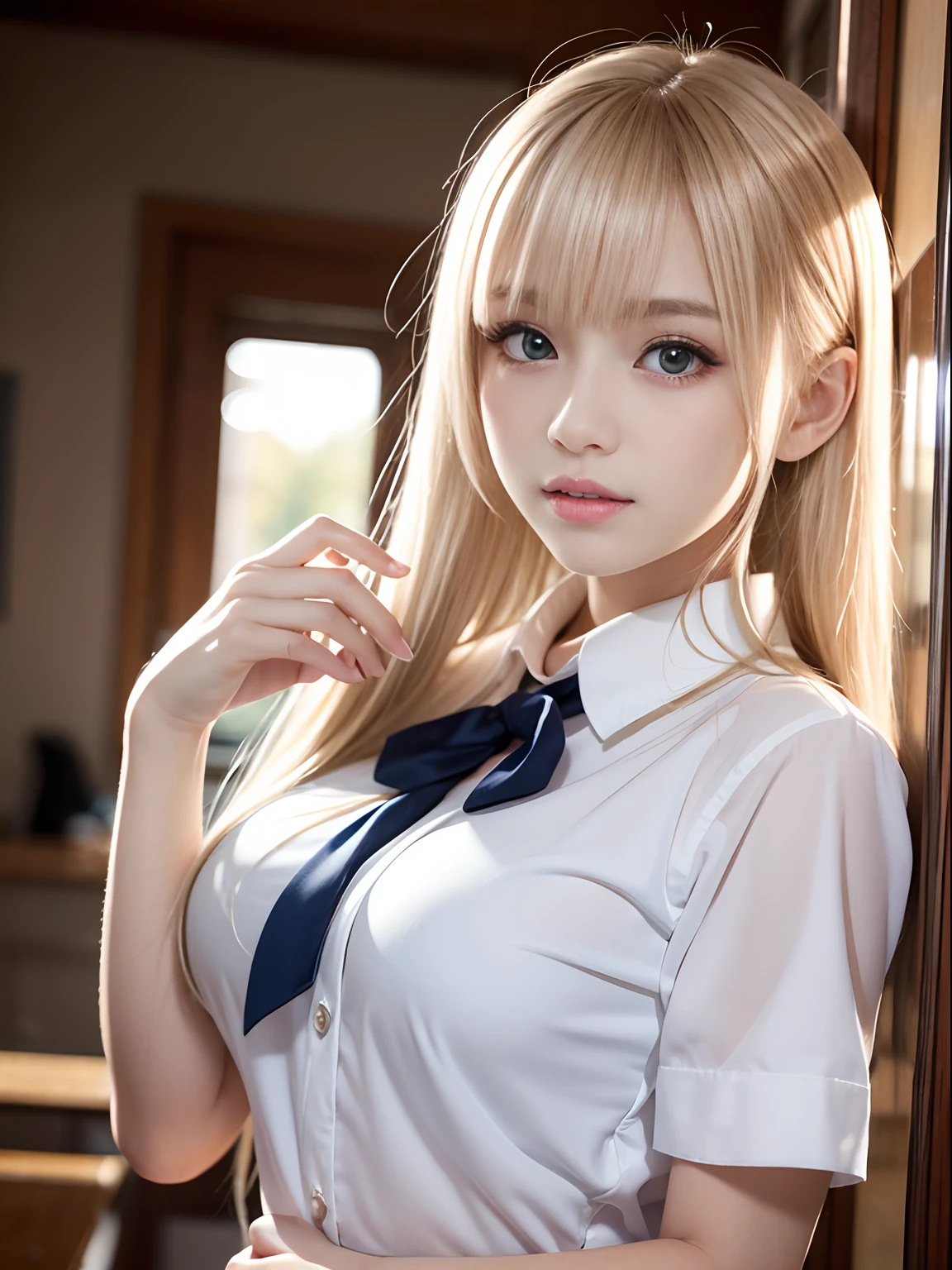 portlate、School Uniforms、bright expression、poneyTail、Young shiny shiny white shiny skin、Best Looks、Blonde reflected light、Platinum blonde hair with dazzling highlights、shiny light hair,、Super long silky straight hair、Beautiful bangs that shine、Glowing crystal clear attractive big blue eyes、Very beautiful nice cute  girl、Lush bust