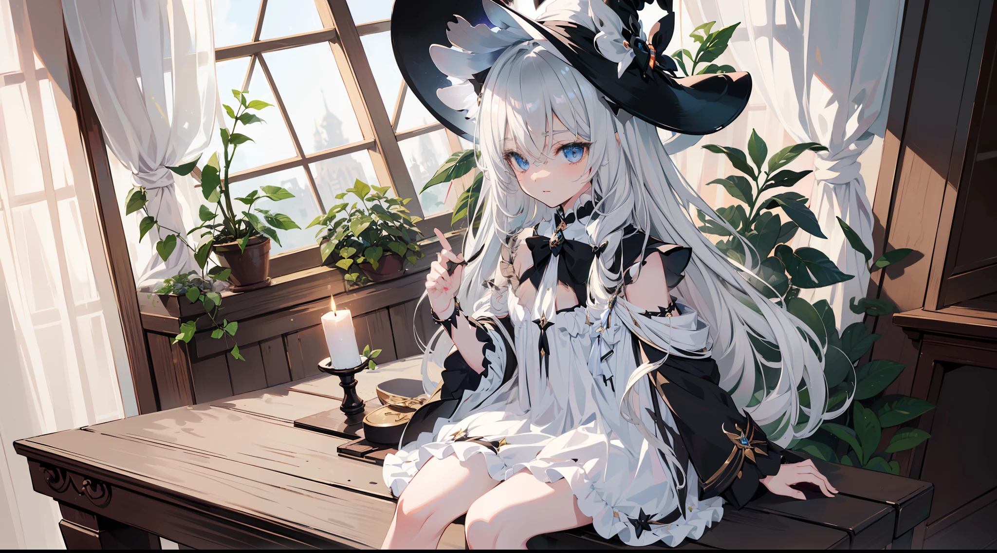 ((Best quality)), ((Masterpiece)), ((Ultra-detailed)), (illustration), (Detailed light), (An extremely delicate and beautiful), Dramatic perspective,A charming young girl,sorceress woman,Cute face,(Lucifer - The New Magician),(Sexy figure),(Black short shawl),Big black witch hat,white dresses