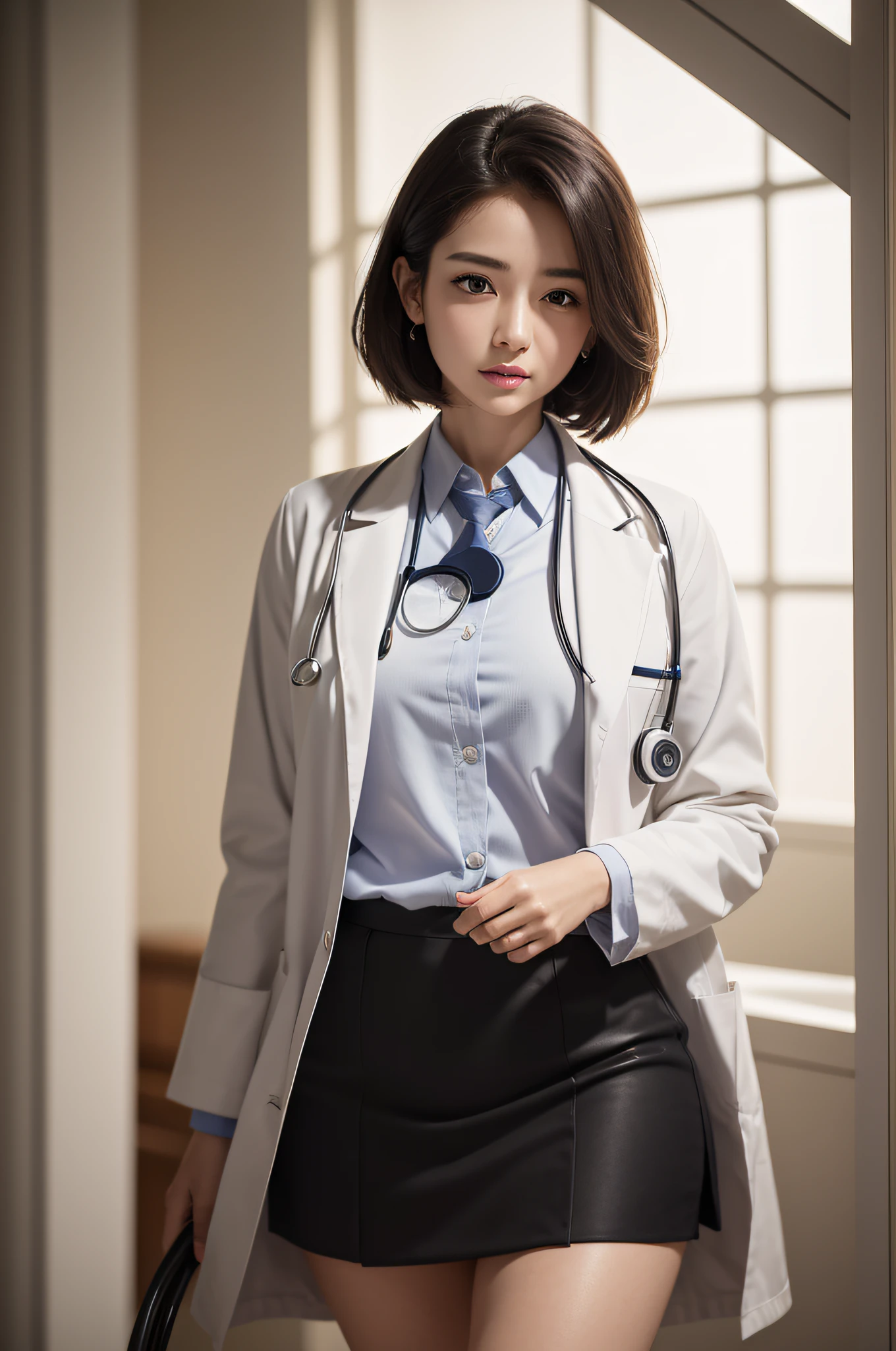 Photorealistic beautiful doctor、stunningly beautiful、doctors white coat, Collared shirt、(top-quality、8K、32K、masterpiece、nffsw:1.3)、超A high resolution,(Photorealsitic:1.4),Raw photography, Detailed face,,Beautiful hair, ((Doctor Style)),large full breasts , Black tight skirt、 Natural makeup,, 、inside hospital, Detailed background, Perfect Lighting, depth of fields, Beautiful shadow gradient,stethoscope ,