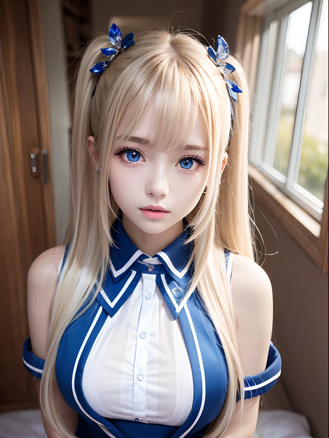 portlate、School Uniforms、bright expression、poneyTail、Young shiny shiny white shiny skin、Best Looks、Blonde reflected light、Platinum blonde hair with dazzling highlights、shiny light hair,、Super long silky straight hair、Beautiful bangs that shine、Glowing crystal clear attractive big blue eyes、Very beautiful nice cute 16 year old girl、Lush bust