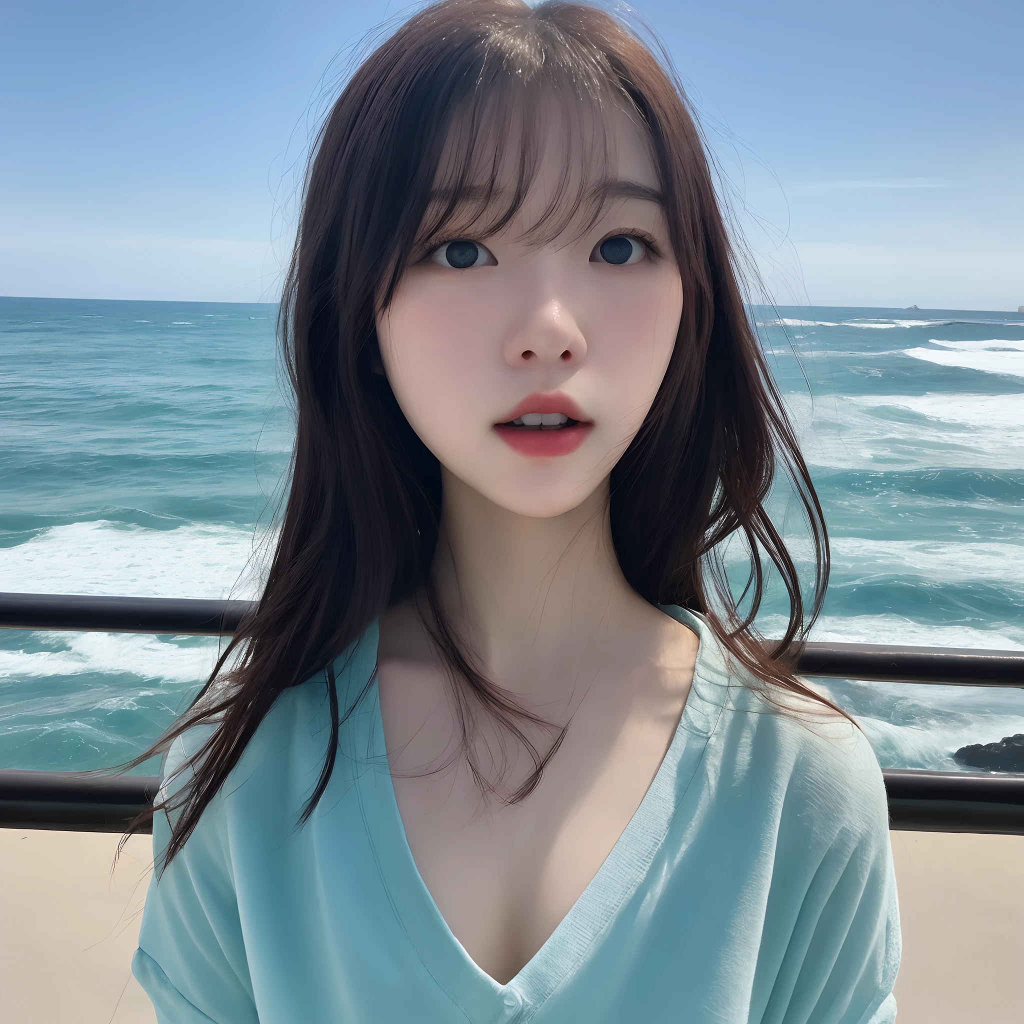 Raw photo 20-year-old Korean female ocean view profile innocence Rough look Playing