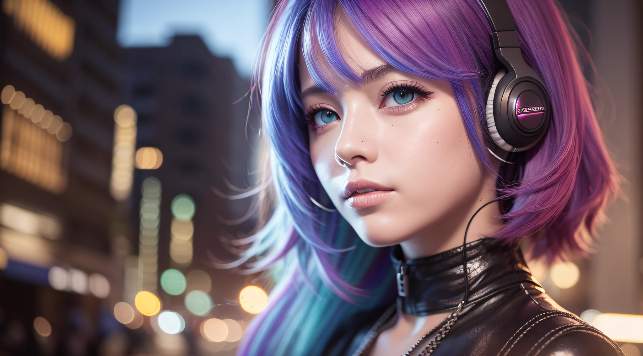 girl with headphones,hair color rainbow eyes red cyberpunk,8K extremely detailed, smooth, high resolution, ultra quality, highly detailed eyes, highly detailed mouth, highly detailed face brightness, iridescent, global lighting, real hair movement, real light, real shadow, real face, hd, 2k, 4k, 8k, 16k, realistic light, realistic shadow, bright eyes, fluorescent eyes,  soft light, dream light,anime, 3d, japan, pixar, masterpiece, best quality, , portrait, night city with one at lamborghin background