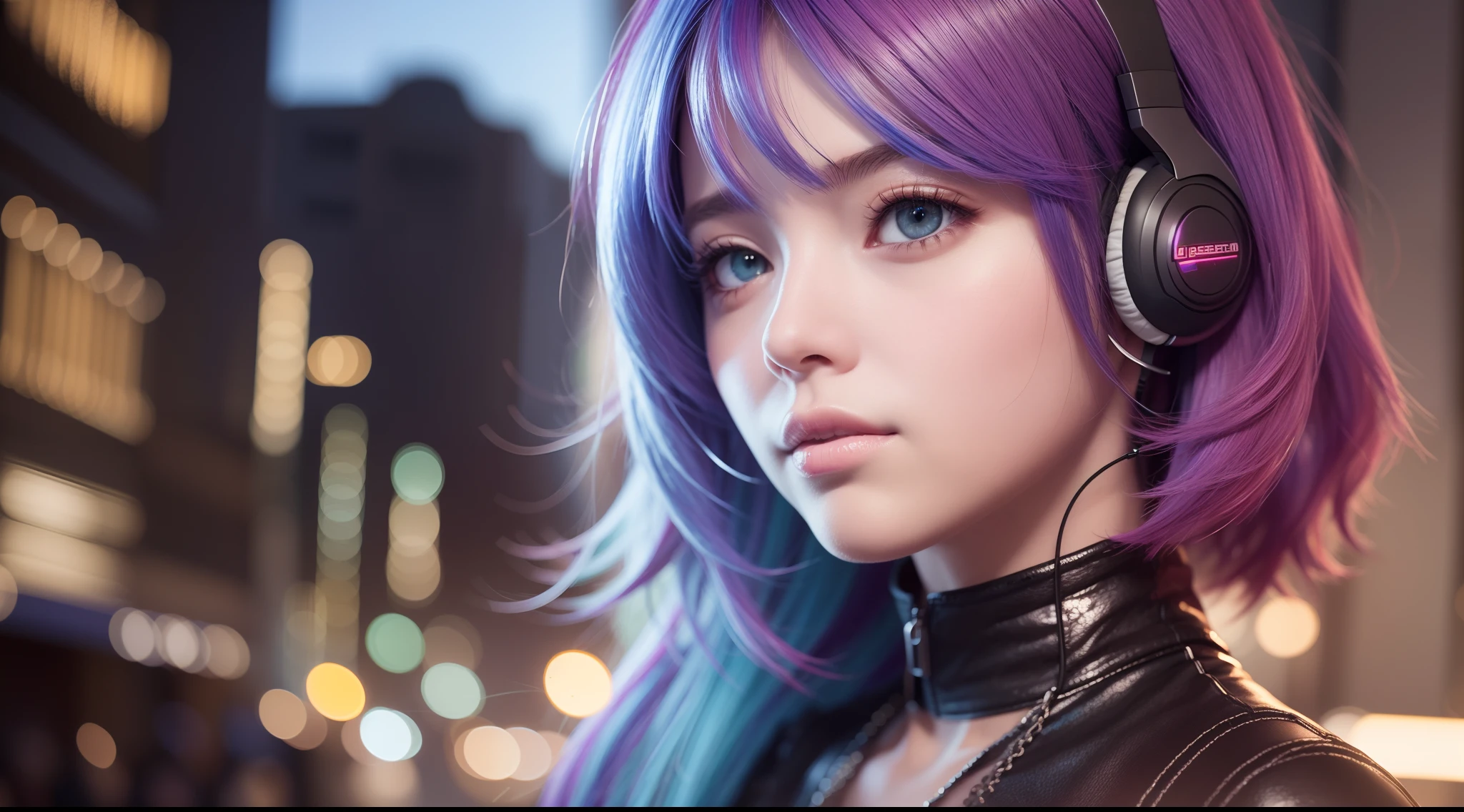 girl with headphones,hair color rainbow eyes red cyberpunk,8K extremely detailed, smooth, high resolution, ultra quality, highly detailed eyes, highly detailed mouth, highly detailed face brightness, iridescent, global lighting, real hair movement, real light, real shadow, real face, hd, 2k, 4k, 8k, 16k, realistic light, realistic shadow, bright eyes, fluorescent eyes,  soft light, dream light,anime, 3d, japan, pixar, masterpiece, best quality, , portrait, night city with one at lamborghin background