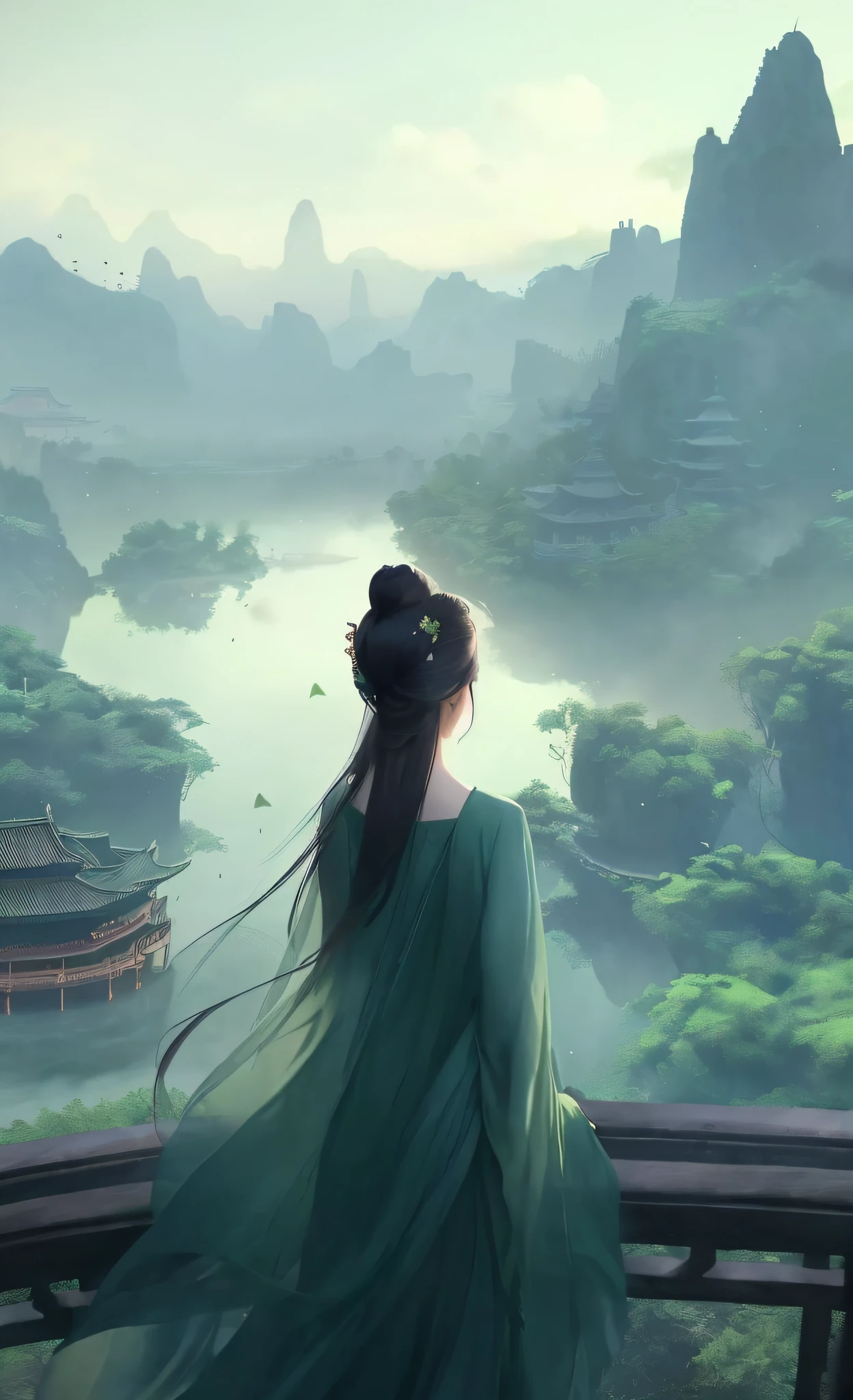 Aalfid woman in green dress looks out over the river, Palace ， A girl in Hanfu, ross tran. scenery background, beautiful avatar picture, beautiful concept art, Chinese fantasy, Beautiful digital artwork, Beautiful rendering of the Tang Dynasty, ancient chinese beauti, Princesa chinesa antiga, xianxia fantasy, fantasy matte painting, Beautiful character painting