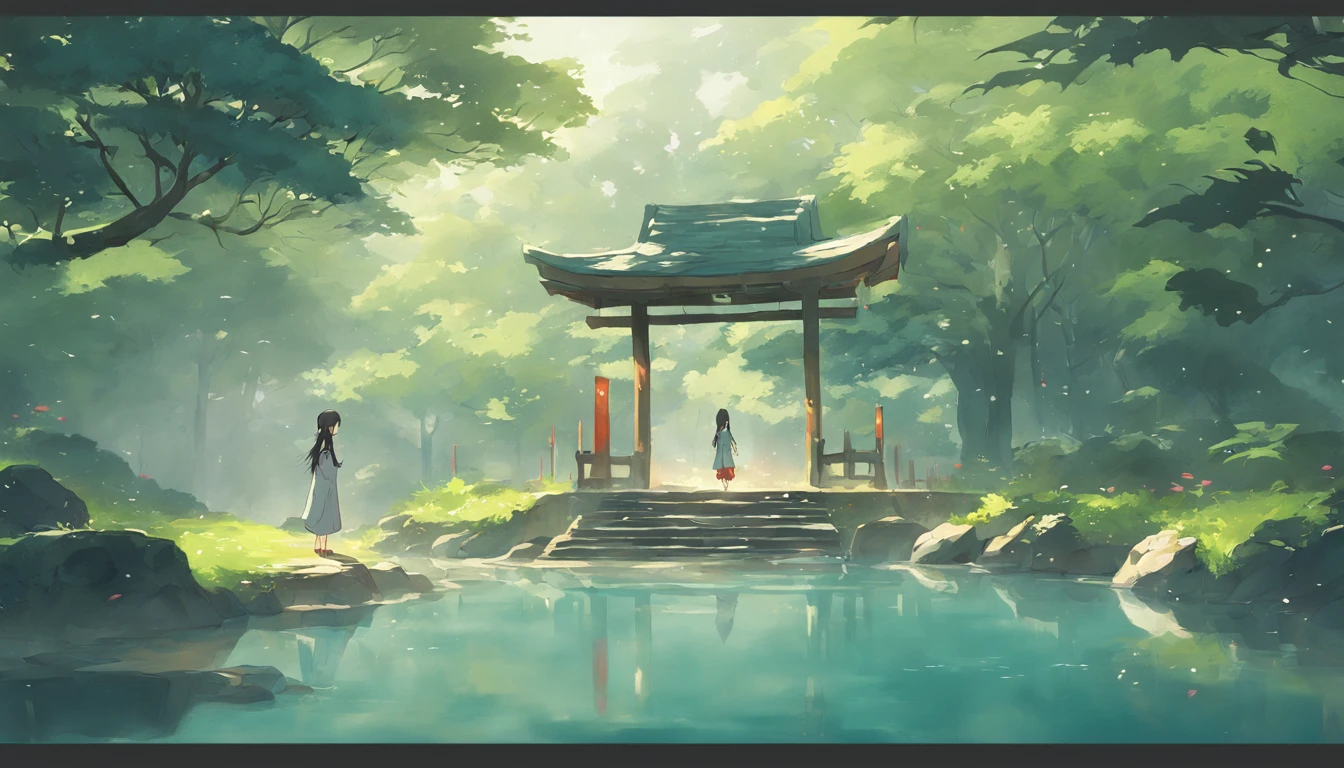 Japanese-style gazebo,Lush vegetation,Heavy fog,parks,Pool