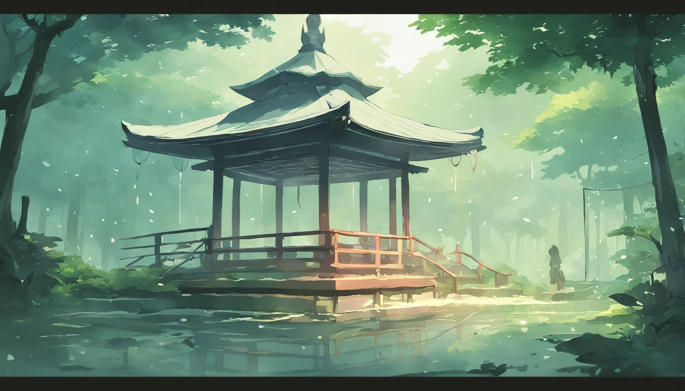 Japanese-style gazebo,Lush vegetation,Heavy fog,parks,Pool
