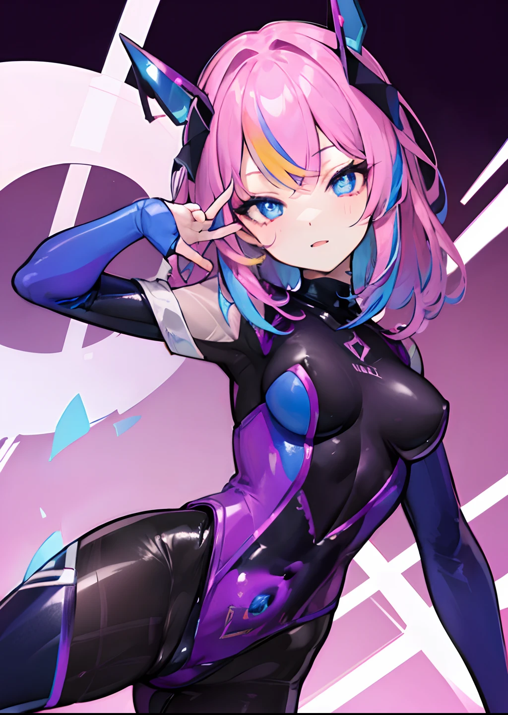 1girl,solo,(beautiful combat bodysuit:1.5),detailed background,rainbow highlights,perfect anatomy,dynamic pose,high detailed face and eyes,symbol-shaped pupils