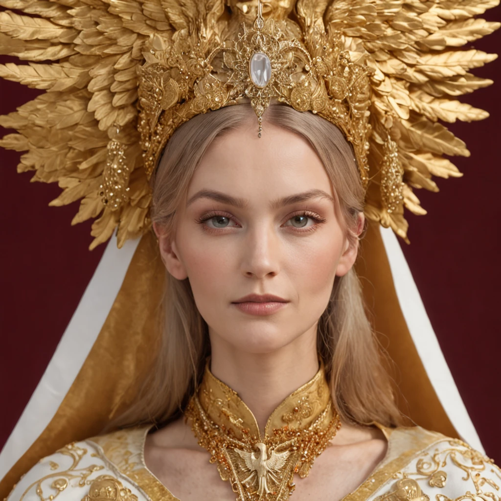 The female pope wears a golden crown and a phoenix robe,holding a phoenix scepter and a magic bok. She is surounded by a dazling display of gold coins and has long golden hair