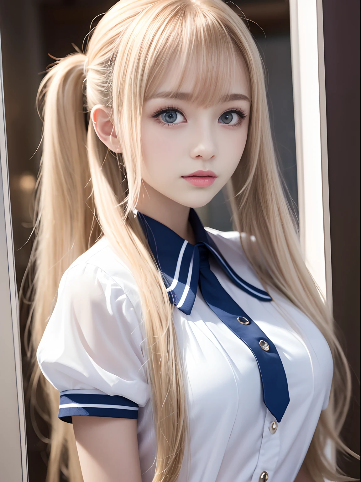 portlate、School Uniforms、bright expression、poneyTail、Young shiny shiny white shiny skin、Best Looks、Blonde reflected light、Platinum blonde hair with dazzling highlights、shiny light hair,、Super long silky straight hair、Beautiful bangs that shine、Glowing crystal clear attractive big blue eyes、Very beautiful nice cute 16 year old girl、Lush bust、Side twin tails