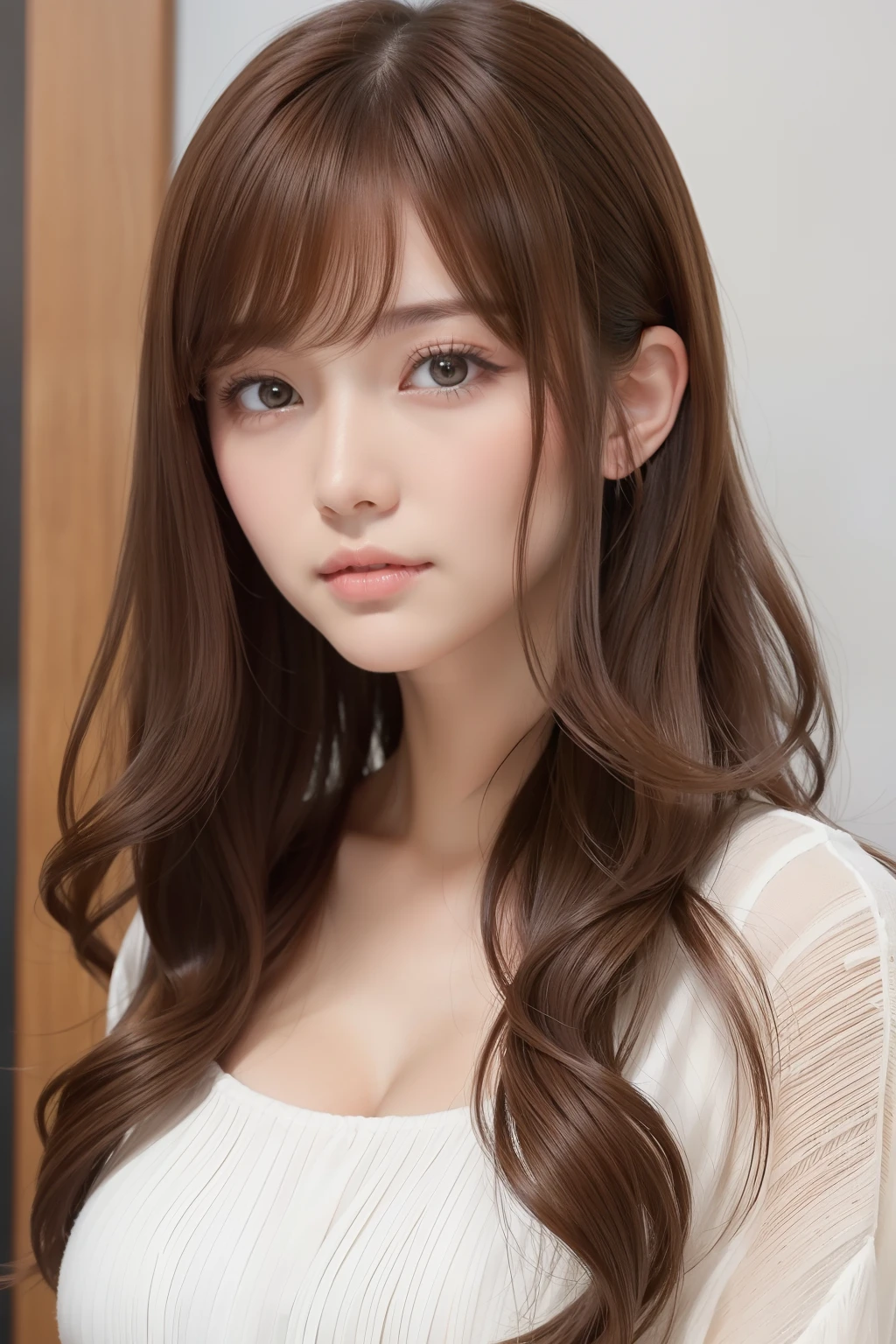 Closeup of feminine face with soft wavy bangs and light brown hair。Hairstyles are long、In flowing soft waves、Gives a gentle and friendly impression。The background is a chic beauty salon。