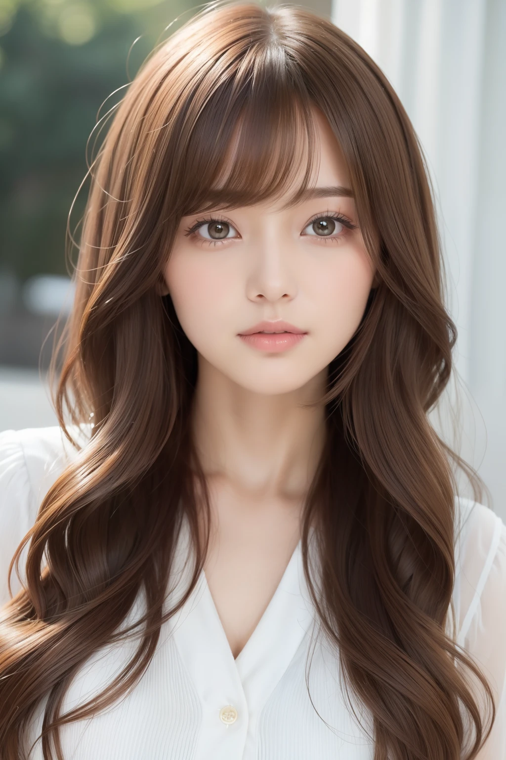 Closeup of feminine face with soft wavy bangs and light brown hair。Hairstyles are long、In flowing soft waves、Gives a gentle and friendly impression。The background is a chic beauty salon。