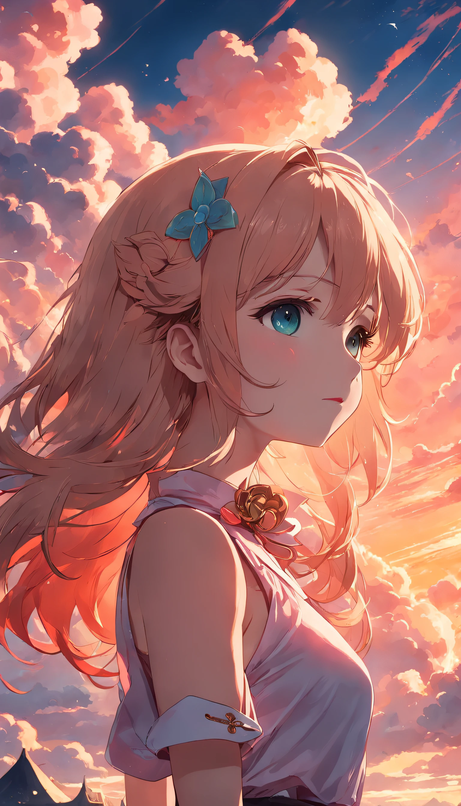 tmasterpiece,best qualtiy,cinematic Film still from,1girl,Colorful auspicious clouds,Kizi,Floating in the sky,closeup cleavage,brightly,cheerfulness,Warm and soft lighting,the sunset,(spark of light:0.7)