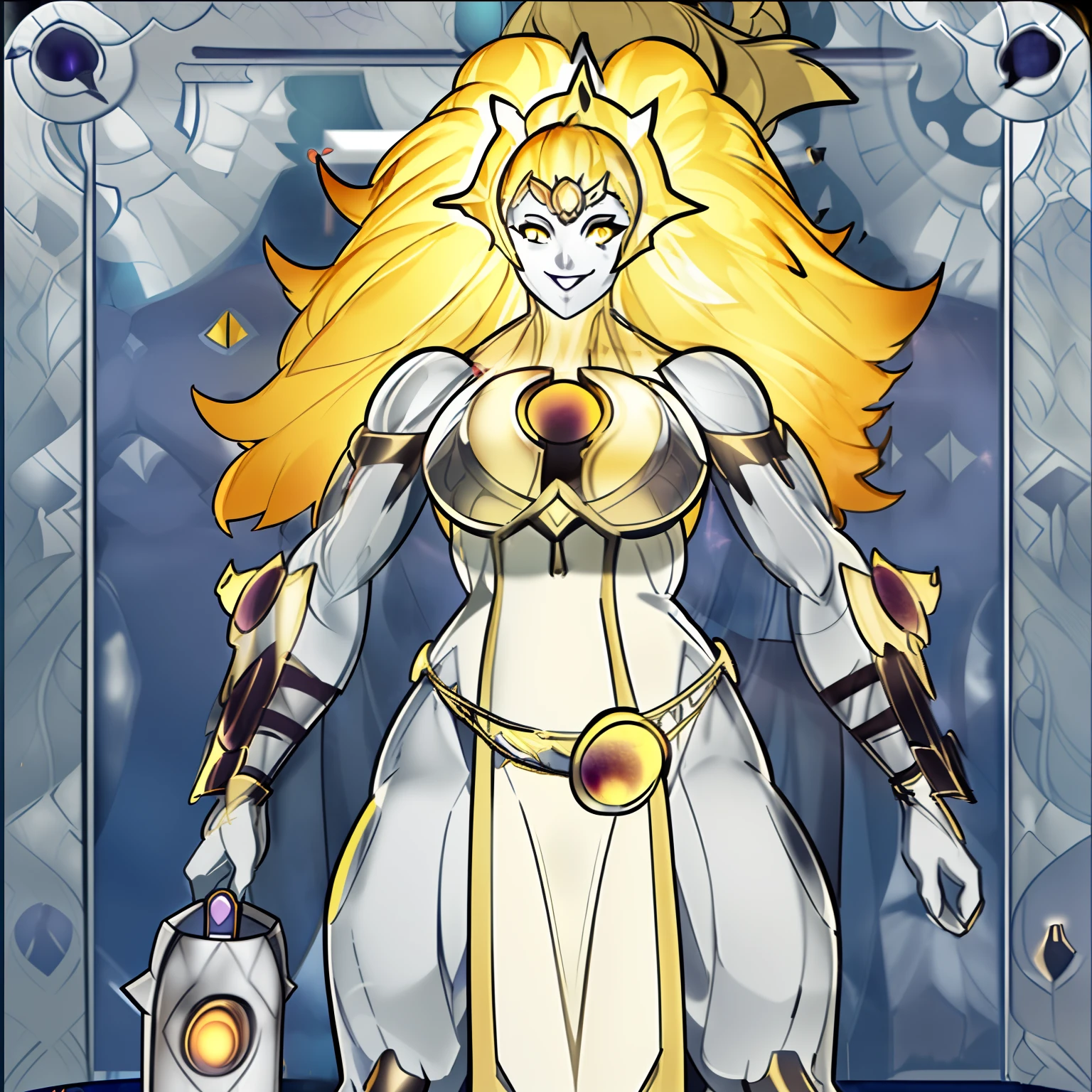 dawnbreakerdota, 1girl, glowing hair, yellow eyes, glowing eyes, blonde hair, colored skin, grey skin, armor, breastplate, long hair, breasts, dress, long hair, no panties, pelvic curtain, solo, thick thighs, muscular, wide hips, smile, solar temple, perfect anatomy, tarot card style