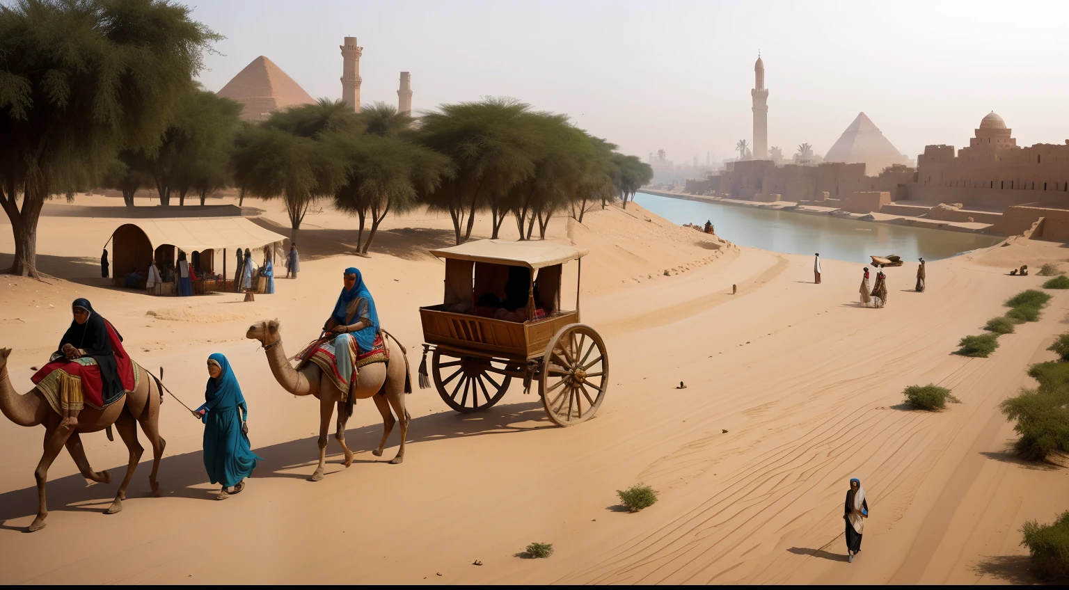 1914,
Egypt.
Along the Nile's banks in Cairo, a diverse group of people engage in daily life. Veiled Egyptian women in modest dresses walk alongside British officers in uniform. A camel caravan passes by, highlighting the continued importance of traditional transportation methods in a rapidly modernizing city.