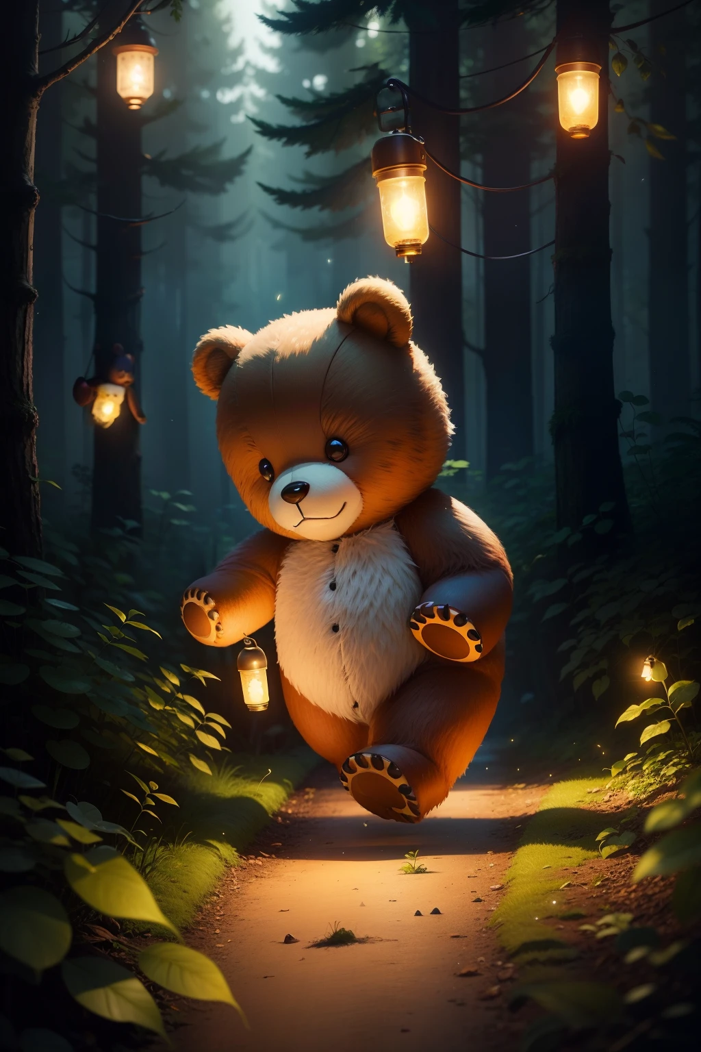 In the forest,Plush bear dolls running with insect traps to catch fireflies