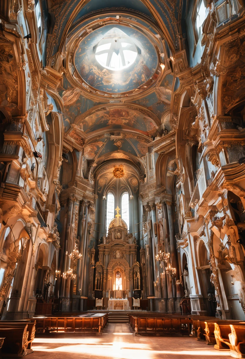 Rococo church,interiors,There is a Christian oil painting on top,Luxury,High- sharpness,and the sun was shining brightly,be full of details