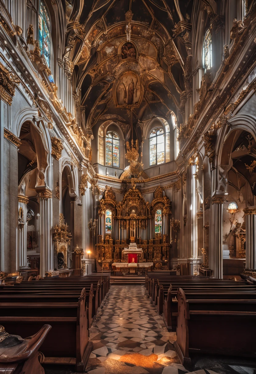 Rococo church,interiors,There is a Christian oil painting on top,Luxury,High- sharpness,and the sun was shining brightly,be full of details
