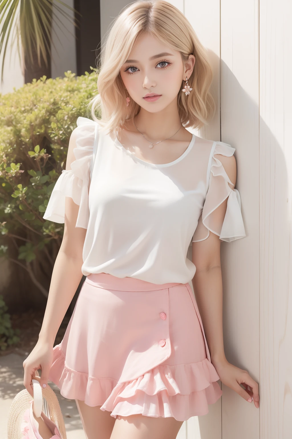 young and playful "girly" Spring style fashion magazine cover/summer casual wear. The model has platinum blonde hair styled in a short bob with soft side swept bangs.., In a natural wave style. Her makeup boasts bright and moist skin., soft pink and white eyeshadow, Natural eyebrows, Naturally curled eyelashes, Coral pink blusher, Apply a transparent pink gloss to your lips.. I'm wearing a frilly T-shirt and a flared skirt., with sandals. Accessories include flower earrings and a delicate silver bracelet.. The material is cotton and linen., The colors are pastel and bright.. excluding glasses. 25-year-old woman, distinct, distinct_image, highres, high_resolution, high_quality, high_quality_anime, super_detail, ((small_face)), blush, long_eyelashes, sagging_breasts, thin_thighs, smiling_face, Pursed_lips, arms_behind_back, (light pink, frilled off-shoulder blouse), (tight white trousers), Indian women,
