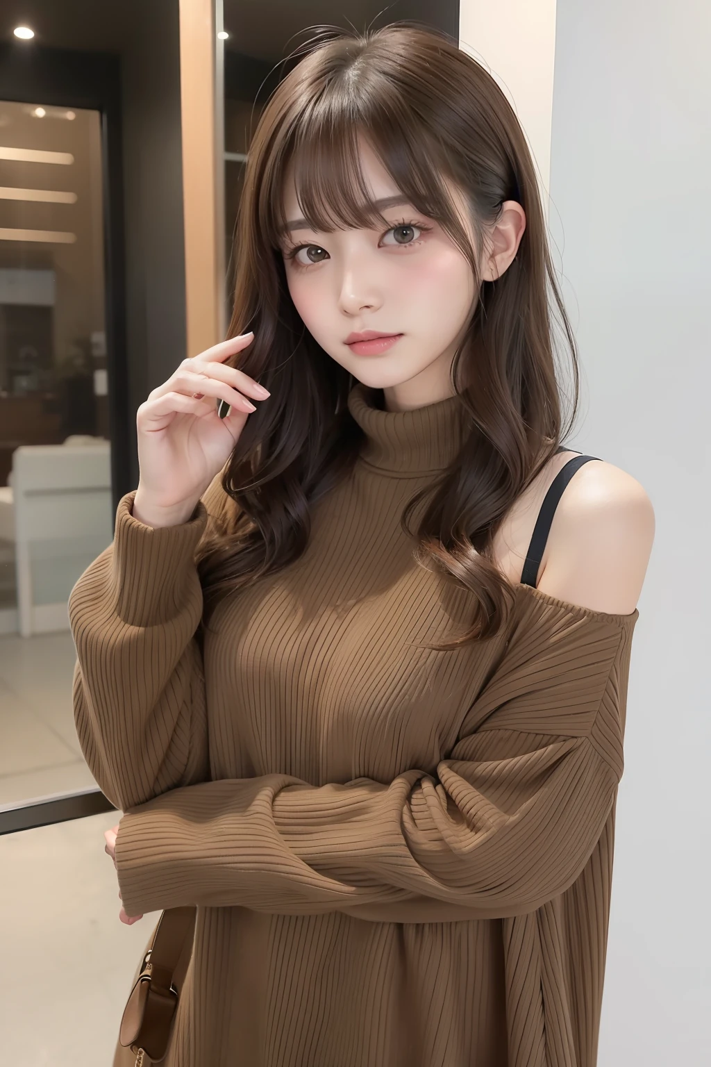 zora々Playful「Girlish」Hair catalog page of style fall/winter casual wear。Hairstyle with soft side swept bangs、With a mid-shoulder hairstyle、Styled in soft waves with dark brown and mocha brown colors。Another option is a van hairstyle。Overall appearance is soft、zora々Or、Playful、Perfect for a casual day in the cool season。Excluding eyewear。
