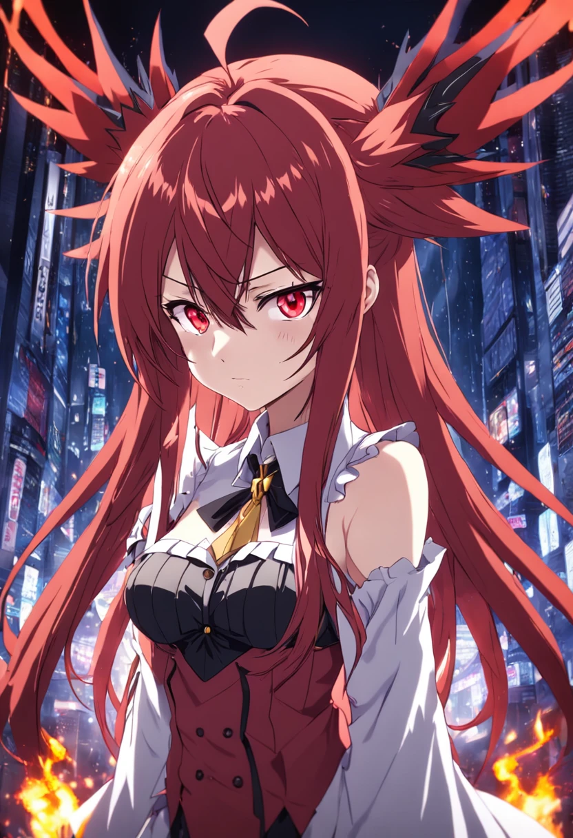 masterpiece, best quality, 1girl, long hair, looking at viewer, :3, cute, black , outdoors, streets, leaning in front of camera, large breasts, curvy, (((blue eyes))),  rias gremory, red hair, antenna hair,  wavy hair, ((beautiful detailed eyes, beautiful detailed glow, lots of glow)), anime screencap, exposed breasts,