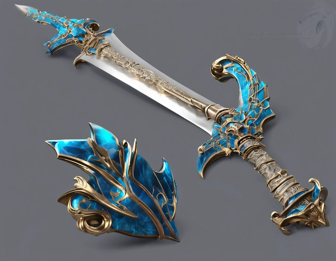 Excalibur, Exquisite handle, The sword body is delicate and exquisitely ornamented,（((The body of the sword is wrapped with opal and light blue particle effect alien patterns：1.3))), Edge，Sharp sword body, (The sword body is symmetrically ornamented:1.3), The tip of the dangling sword is downward,（Excalibur's entire body is centered：1.3), Mid-range close-up，（Overall silhouette：1.3),（Fantastic landscape painting：1.2), Ultra photo realism, super-fine, 8K,Premium wallpapers，Highest image quality，3D,C4D,Master masterpieces，octane rendering