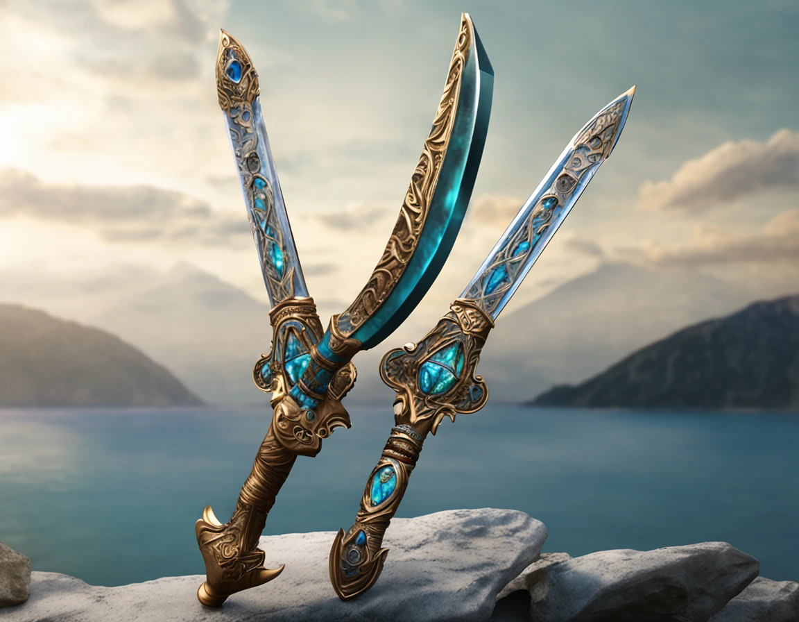 Excalibur, Exquisite handle, The sword body is delicate and exquisitely ornamented,（((The body of the sword is wrapped with opal and light blue particle effect alien patterns：1.3))), Edge，Sharp sword body, (The sword body is symmetrically ornamented:1.3), The tip of the dangling sword is downward,（Excalibur's entire body is centered：1.3), Mid-range close-up，（Overall silhouette：1.3),（Fantastic landscape painting：1.2), Ultra photo realism, super-fine, 8K,Premium wallpapers，Highest image quality，3D,C4D,Master masterpieces，octane rendering
