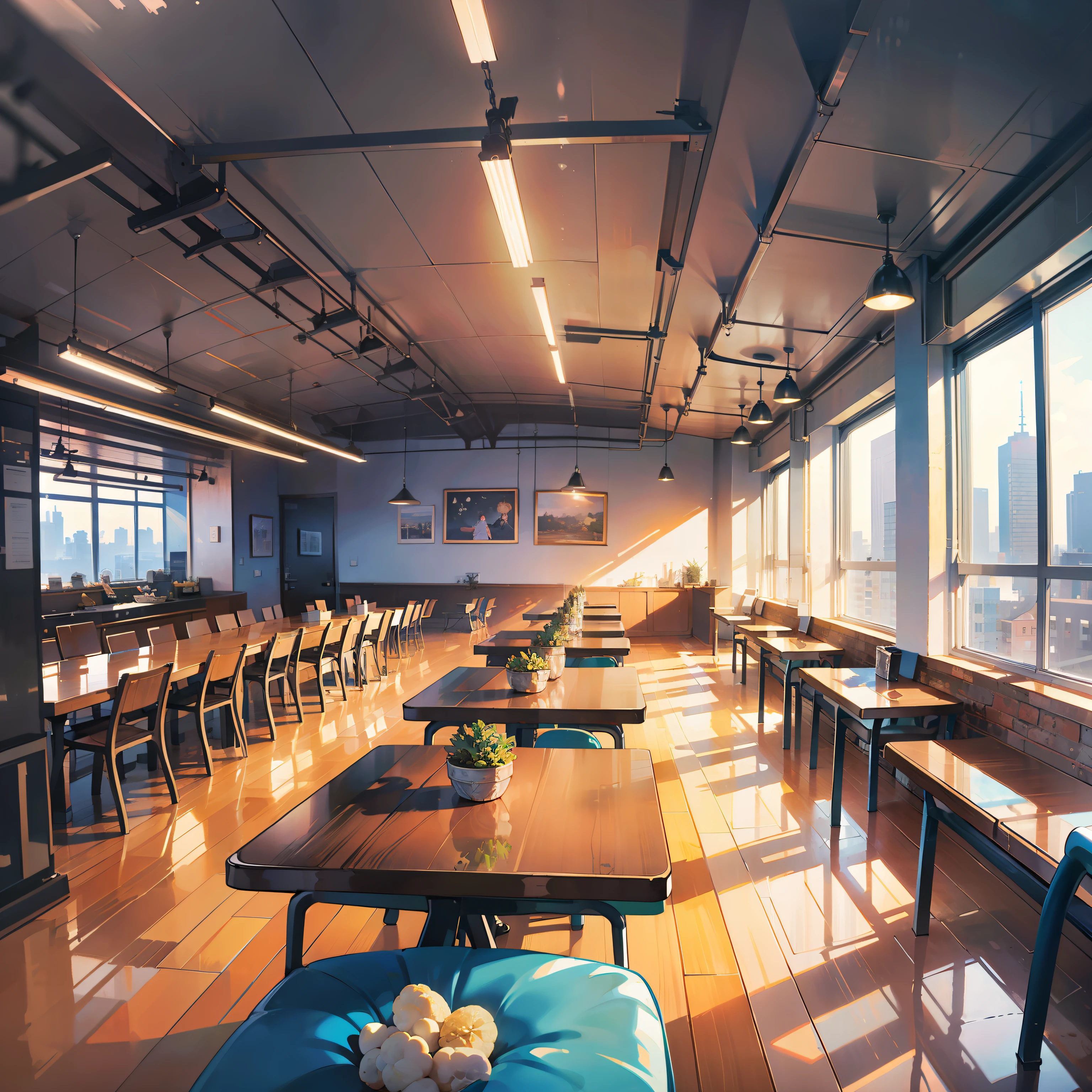 (((Company cafeteria)))、(((No background person)))、(((Background with)))、masterpiece、ighly detailed、top-quality、8K、illustratio、Backgrounds drawn by talented animators、lounge