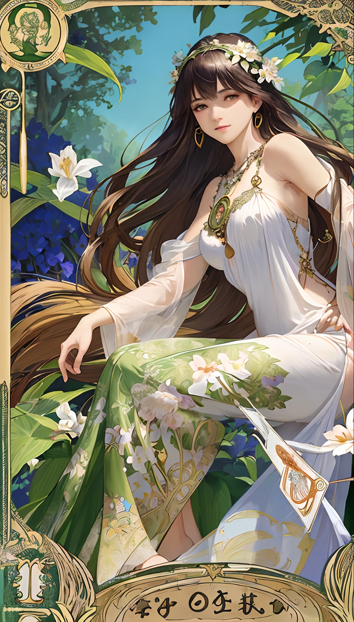 masterpiece, best quality, Alphonse Mucha, art nouveau,
(tarot card style:1.3), unique tarot card framework incorporating floral and greenery elements,
blunt bangs, black straight long hair, looking at viewer,
Amidst a verdant garden, a mystical maiden in a blossoming gown dances with ethereal creatures, bathed in sunlight that illuminates flourishing flora and ancient tarot symbols,
roses, lilies, cherry blossoms, irises, foliage, moss, and vines, elegant dresses inspired by nature, accessories including flower and leaf-designed necklaces, earrings, rings, bracelets, hair ornaments, butterflies, birds, bees, tarot symbols reimagined with floral and greenery designs, goddesses, natural backgrounds like gardens, forests, lakesides, effective use of light and shadow,
realistic, hyper realistic lifelike 3d, zentangle,